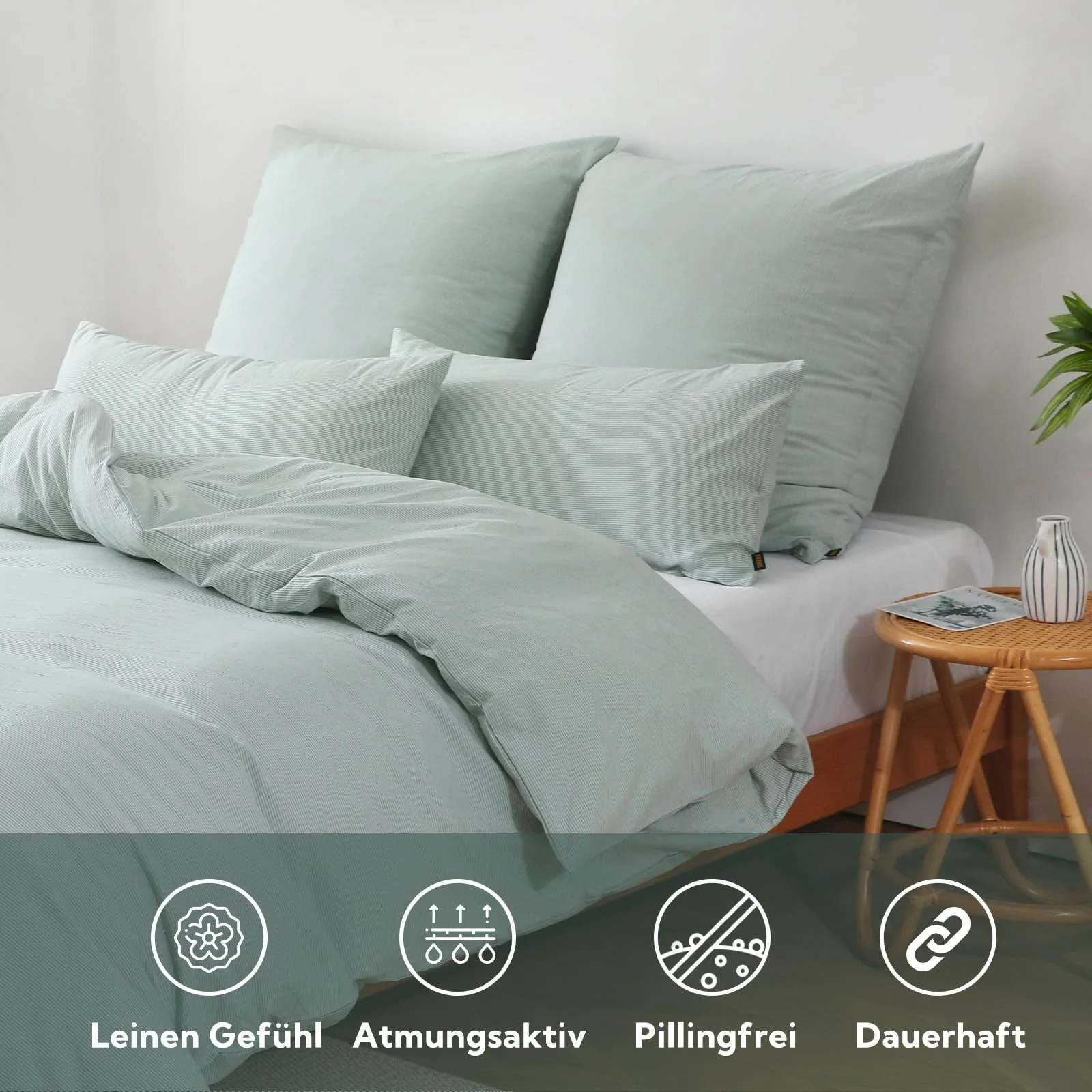 SOULFUL Bettwäsche 135x200 Baumwolle Gestreift, 100% Gewaschene Baumwolle Bettwäsche-Sets Grün mit Reißverschluss öKotex Zertifiziert Enthält 1 Bettbezug 135x200 und 1 Kissenbezüge 80x80 - Image 3