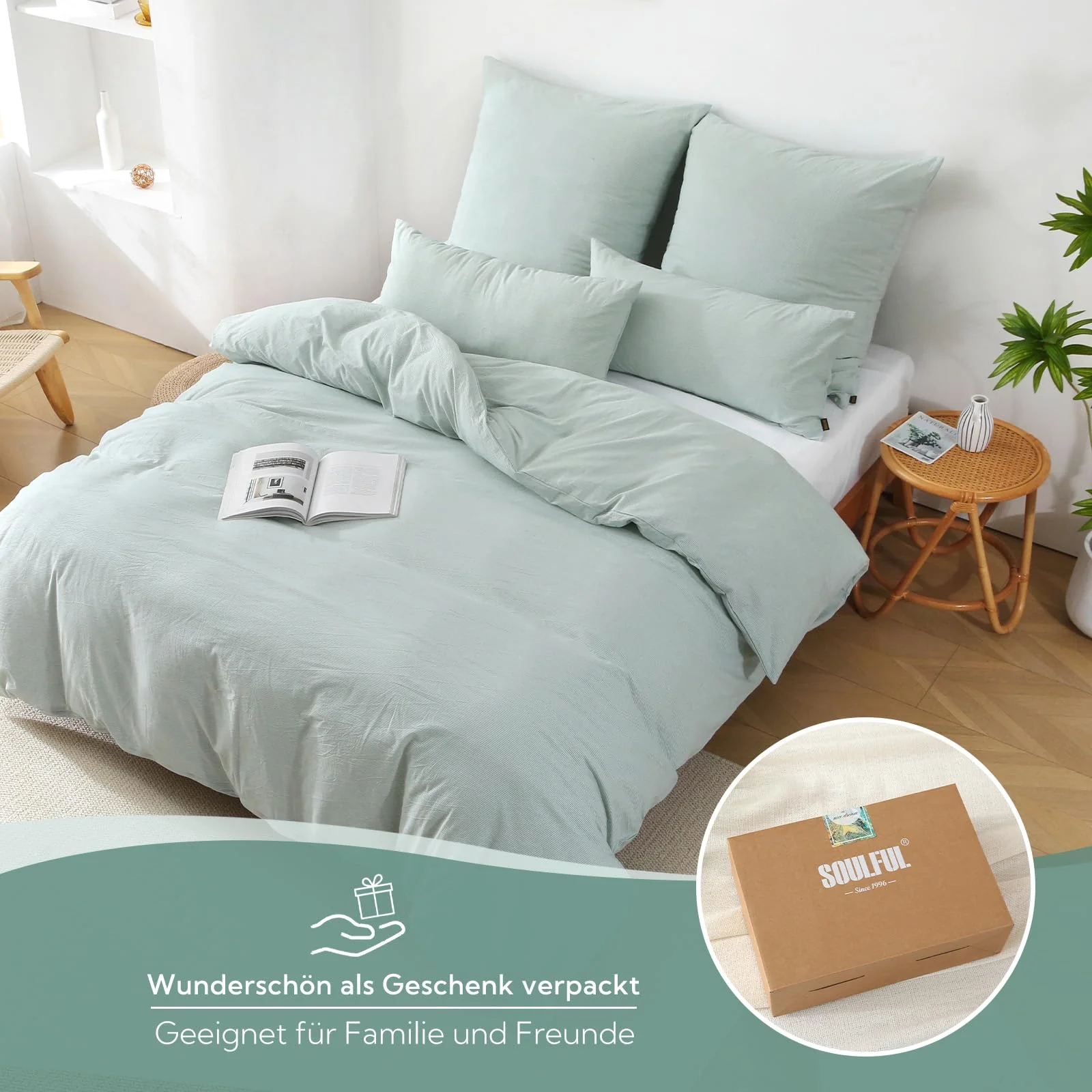 SOULFUL Bettwäsche 135x200 Baumwolle Gestreift, 100% Gewaschene Baumwolle Bettwäsche-Sets Grün mit Reißverschluss öKotex Zertifiziert Enthält 1 Bettbezug 135x200 und 1 Kissenbezüge 80x80 - Image 7