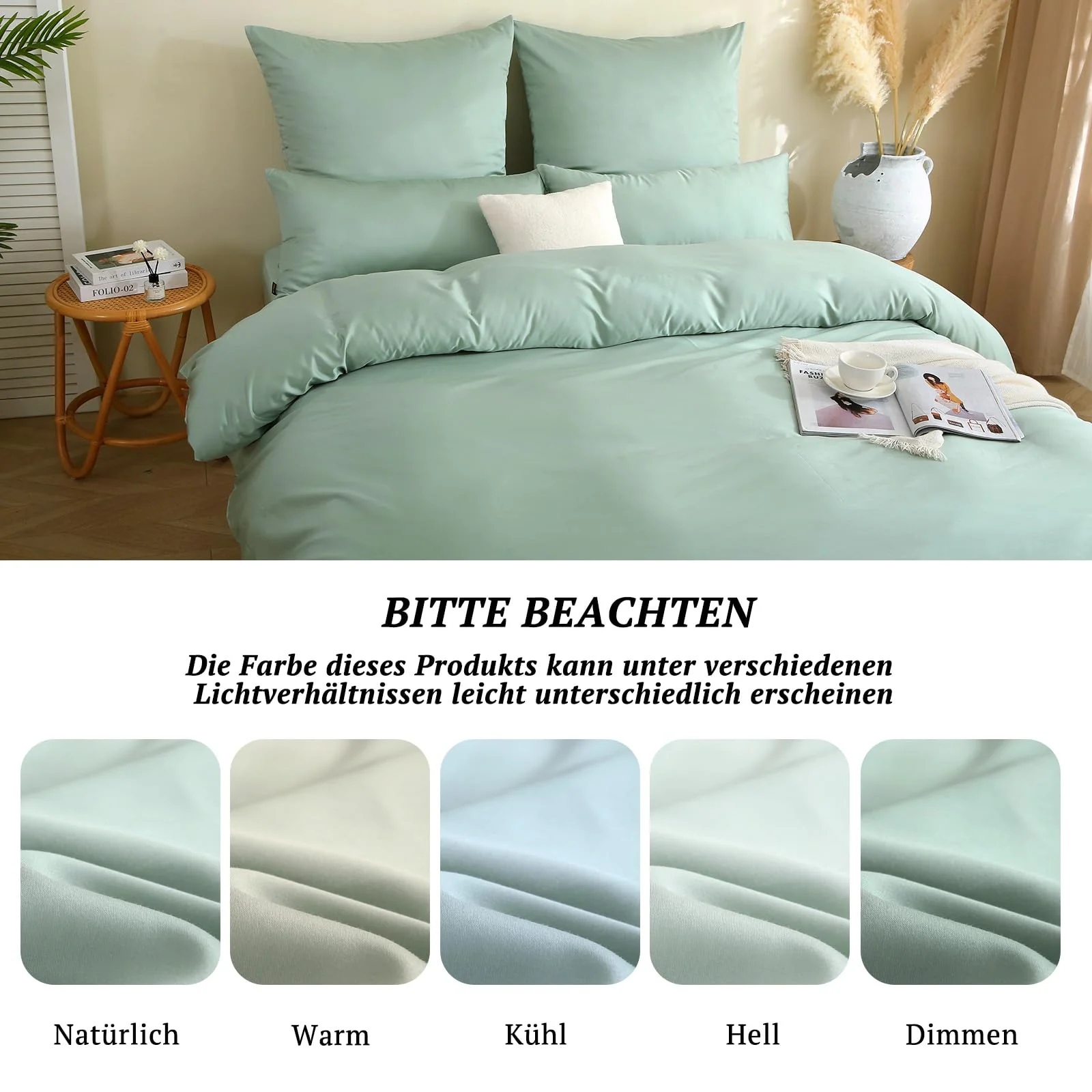SOULFUL Mako Satin Bettwäsche 135x200, Tencel Baumwolle Bettwäsche-Sets mit Reißverschluss, Oeko-TEX Zertifiziert, Enthält 1 Bettbezug 135x200 und 1 Kissenbezug 80x80, NebelGrün - Image 6