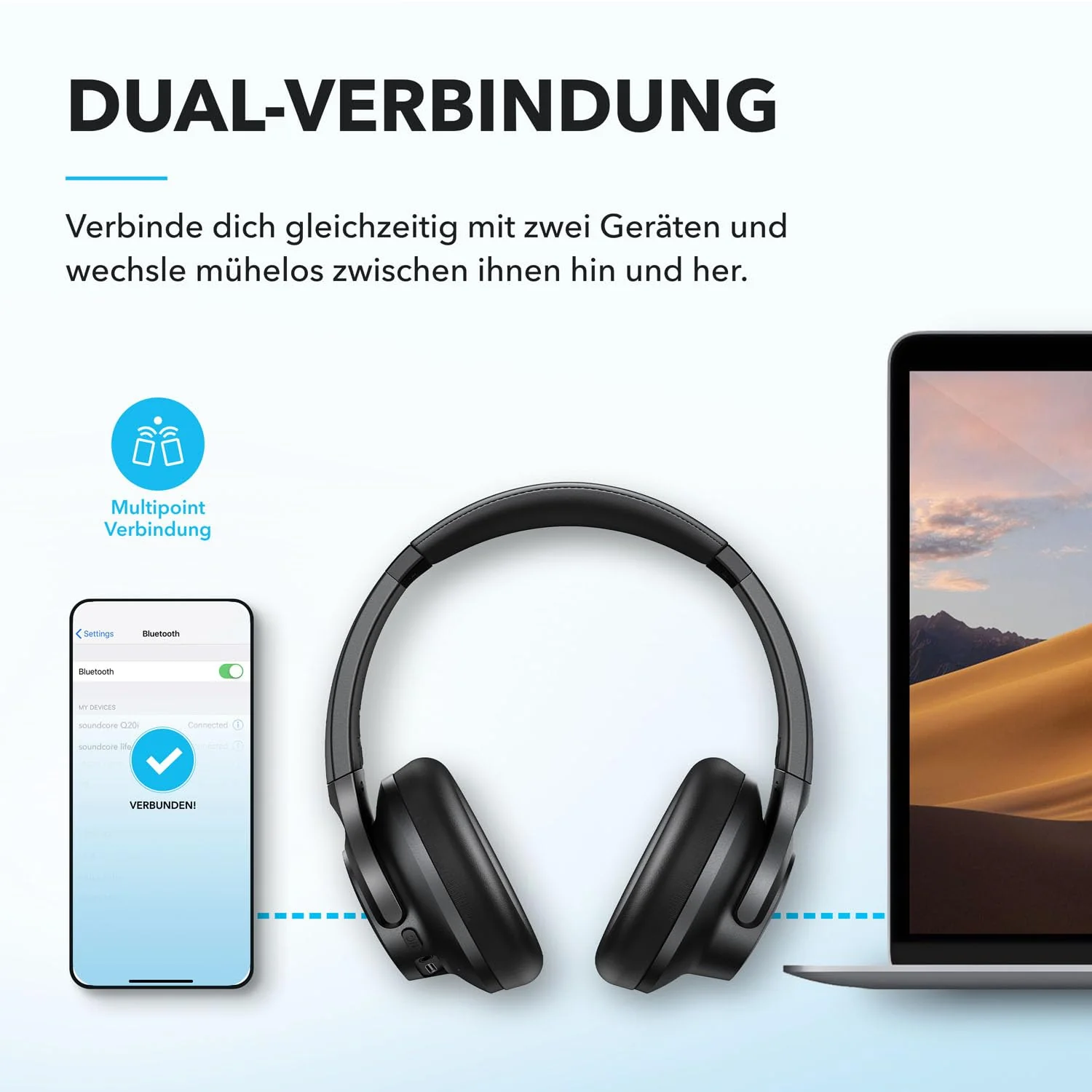 soundcore by Anker Q20i kabelloser Bluetooth Over-Ear-Kopfhörer mit Hybrid Active Noise Cancelling, 40h Spielzeit im ANC-Modus, Hi-Res Audio, tiefer Bass, Personalisierung per App (Blau) - Image 5