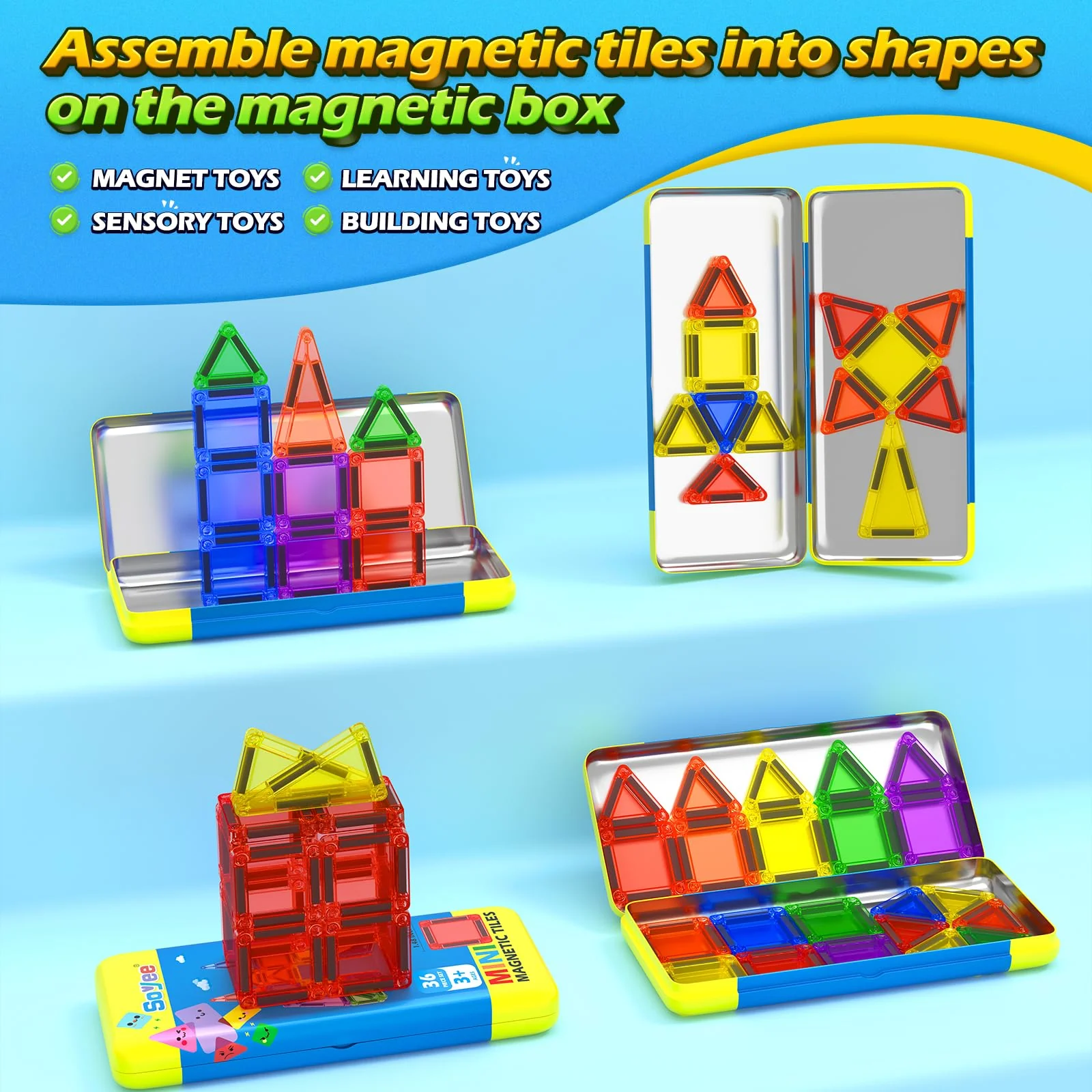 Soyee Magnetische Bausteine Reisespielzeug mit Metallbox Mini-Magnetbausteine für Kinder STEM Sensorisches Spielzeug Kleinkindspielzeug für Reisen Spielzeug Geschenk Jungen und Mädchen ab 3 Jahren - Image 4