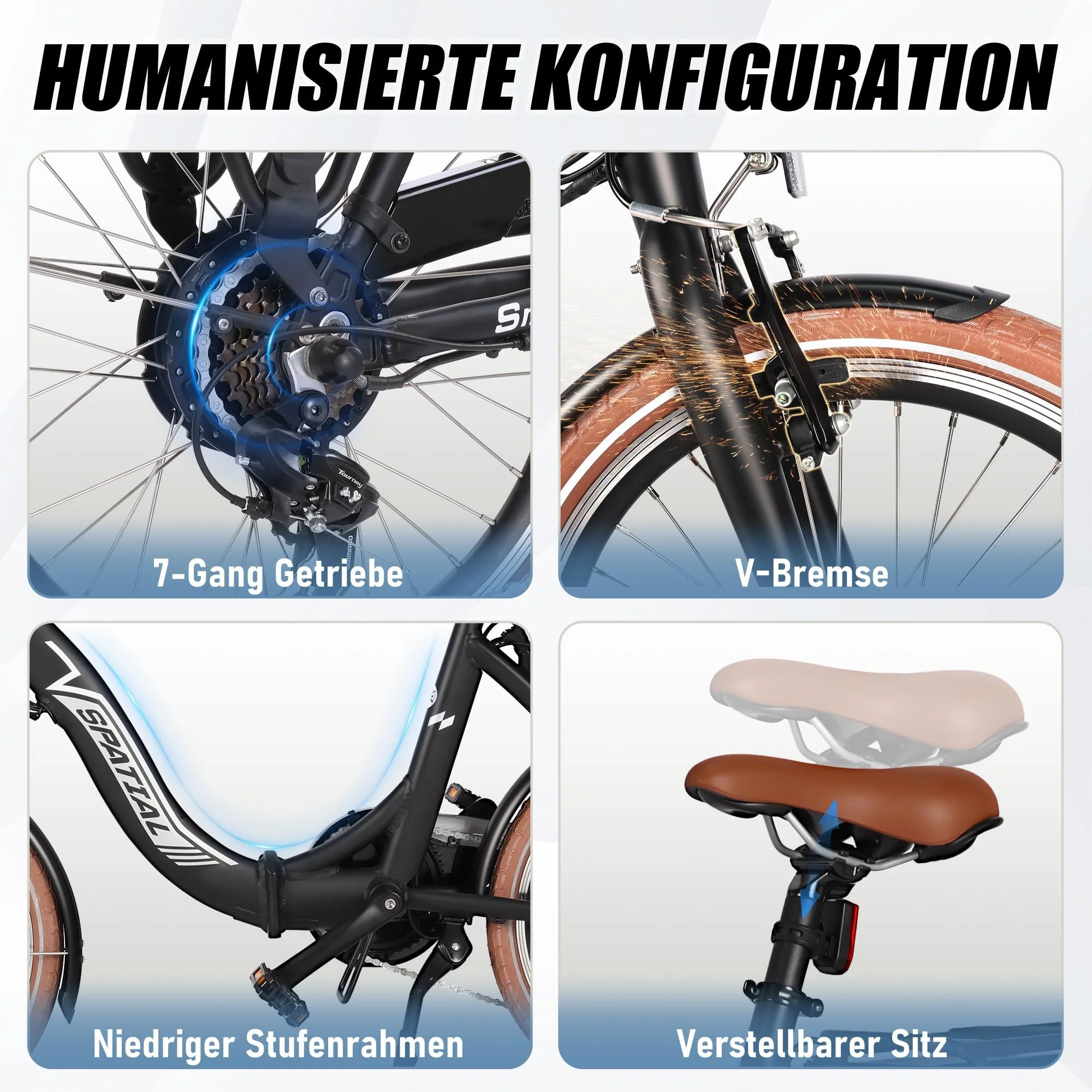 SPATIAL E Bike Klappard, 20 Zoll Elektrofahrrad, 40NM 250W Motor 36V 374.4Wh Batterie, 7 Gang Schaltung LCD Anzeige, Herren Damen City Ebike - Image 5