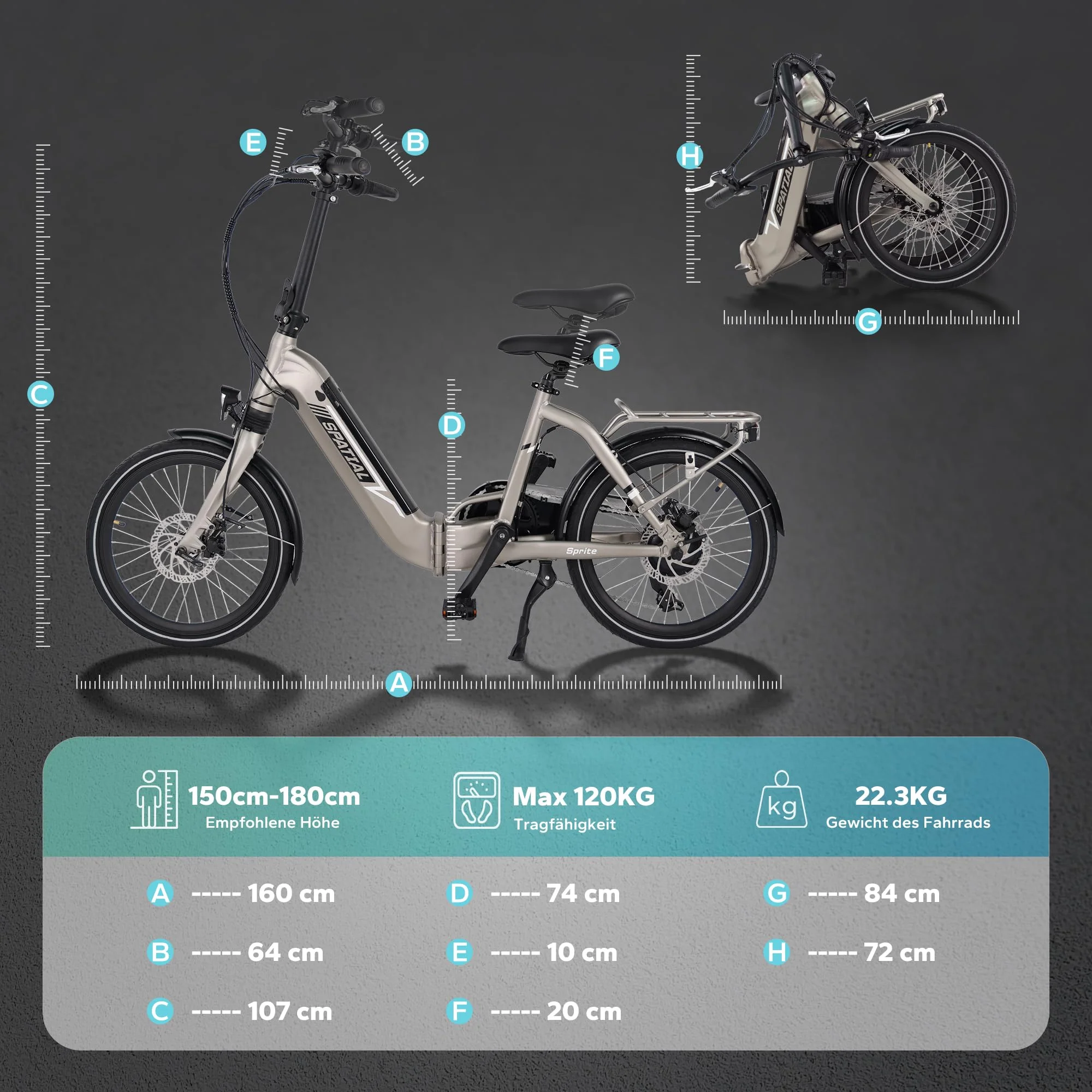 SPATIAL E Bike Klappard, 20 Zoll Elektrofahrrad, 40NM 250W Motor 36V 374.4Wh Batterie, 7 Gang Schaltung LCD Anzeige, Herren Damen City Ebike - Image 3