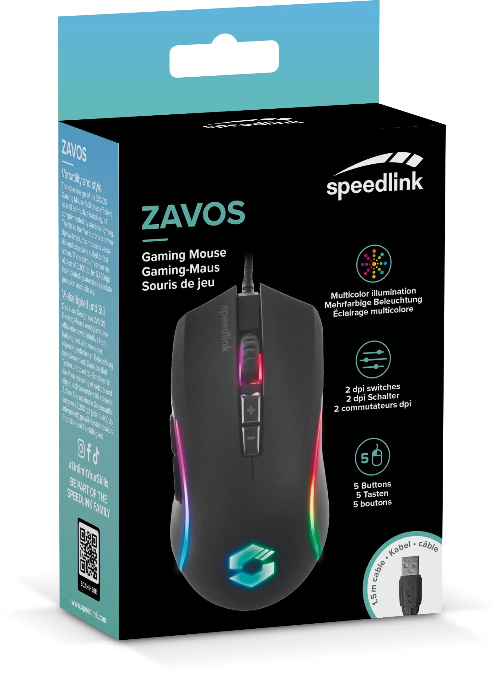 SPEEDLINK ZAVOS Gaming Mouse – Gaming Maus mit Kabel, mehrfarbige LED Beleuchtung, 5 Tasten PC Maus kabelgebunden, DPI-Schalter bis 6400dpi, gummierte Oberfläche, ummanteltes Kabel, schwarz - Image 2