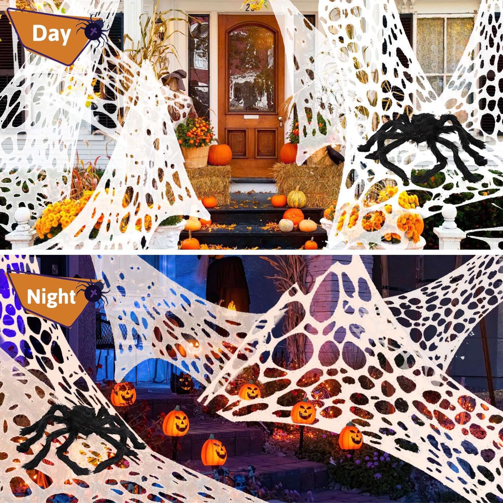 Spetsbst 4m Halloween Spinnennetz mit 50cm Spinne Groß Halloween Deko Selbstgeschnittenes Spinnennetz Dehnbares mit Bodennägeln Netz-Dekoration zum Selbermachen für Party Spukhäuser Garten Dekoration - Image 2