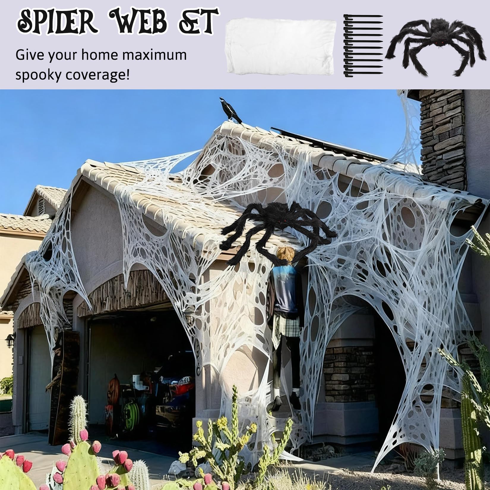 Spetsbst 4m Halloween Spinnennetz mit 50cm Spinne Groß Halloween Deko Selbstgeschnittenes Spinnennetz Dehnbares mit Bodennägeln Netz-Dekoration zum Selbermachen für Party Spukhäuser Garten Dekoration - Image 3