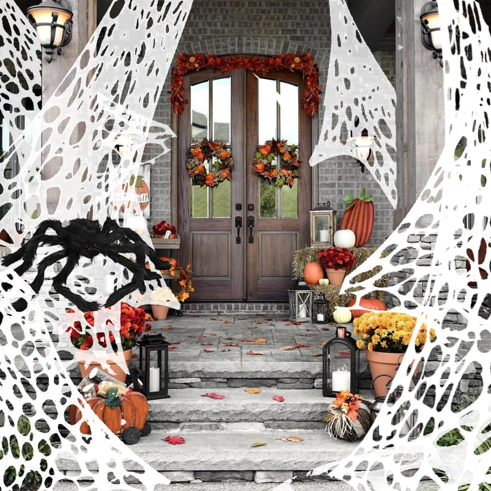Spetsbst 4m Halloween Spinnennetz mit 50cm Spinne Groß Halloween Deko Selbstgeschnittenes Spinnennetz Dehnbares mit Bodennägeln Netz-Dekoration zum Selbermachen für Party Spukhäuser Garten Dekoration - Image 4