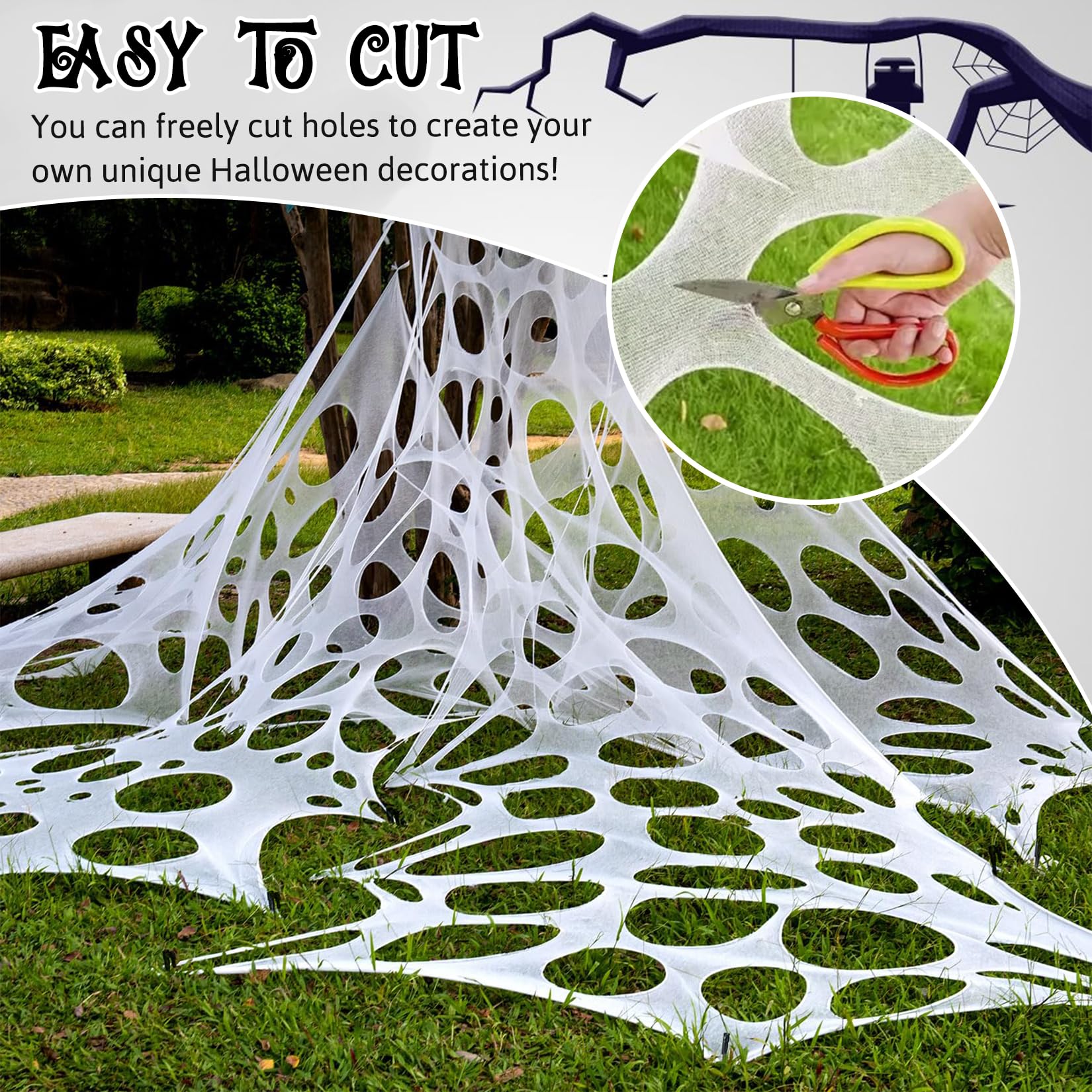 Spetsbst 4m Halloween Spinnennetz mit 50cm Spinne Groß Halloween Deko Selbstgeschnittenes Spinnennetz Dehnbares mit Bodennägeln Netz-Dekoration zum Selbermachen für Party Spukhäuser Garten Dekoration - Image 6