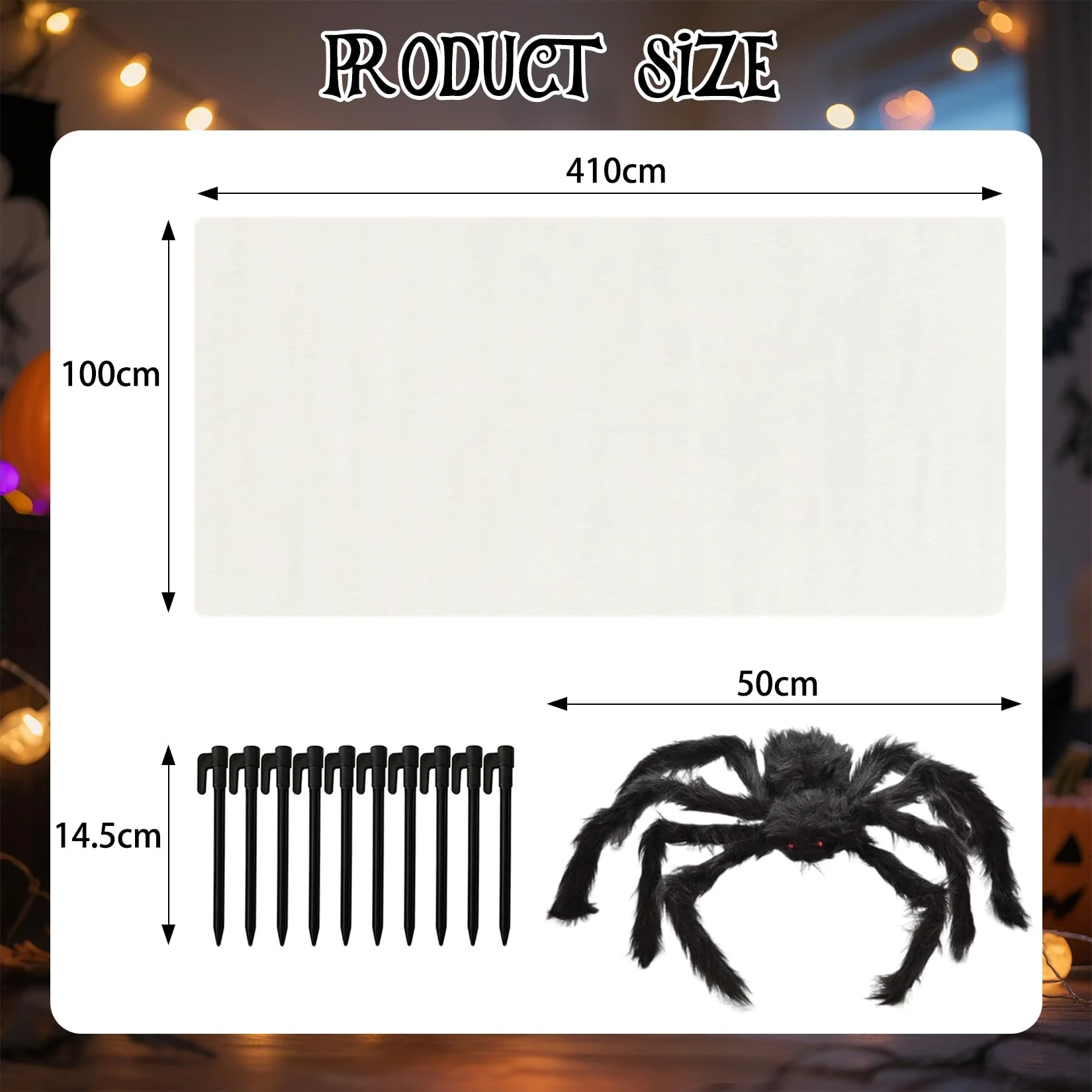 Spetsbst 4m Halloween Spinnennetz mit 50cm Spinne Groß Halloween Deko Selbstgeschnittenes Spinnennetz Dehnbares mit Bodennägeln Netz-Dekoration zum Selbermachen für Party Spukhäuser Garten Dekoration - Image 7