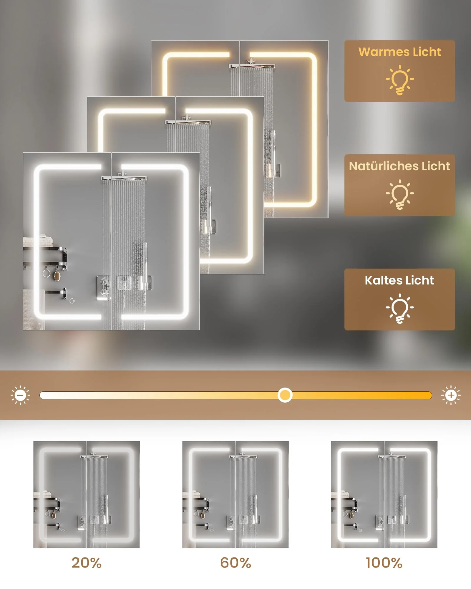 Spiegelschrank, Spiegelschrank Bad mit Beleuchtung, 2 Türen, Badezimmer Spiegelschrank mit Verstellbaren Ablagen, 3 Farbtemperatur Dimmbare, Spiegelschrank mit Licht, Berührung Sensorschalter, Weiß - Image 3