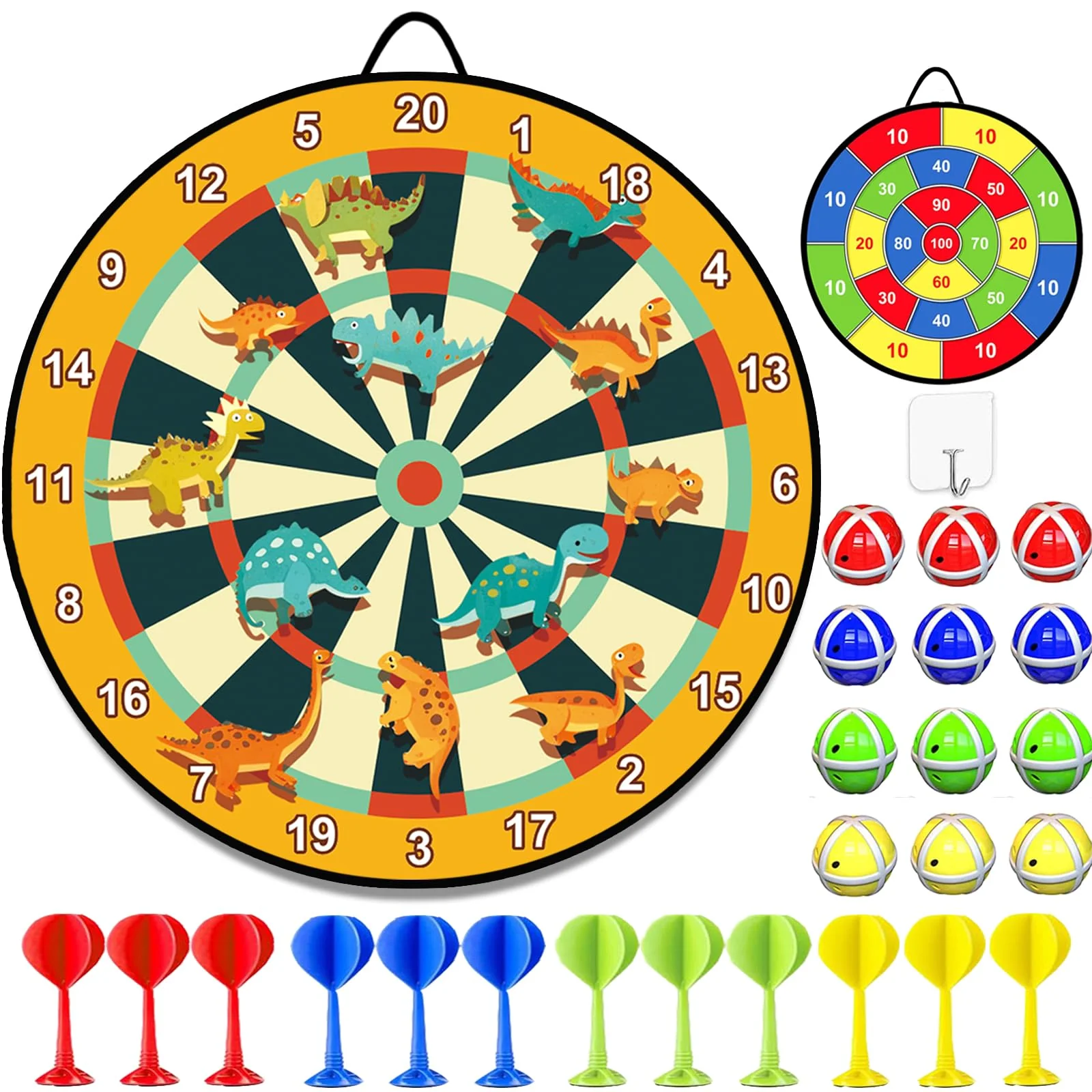 Spiele ab 3 4 5 6 Jahren, 76CM Kinder Doppelseitige Klett Dartscheibe mit 12 Klebrigen Bällen und 12 Darts, Dinosaurier Spielzeug ab 4-9 Jahre Drinnen und Draußen Wurfspiel Set Groß und Klei Geschenk