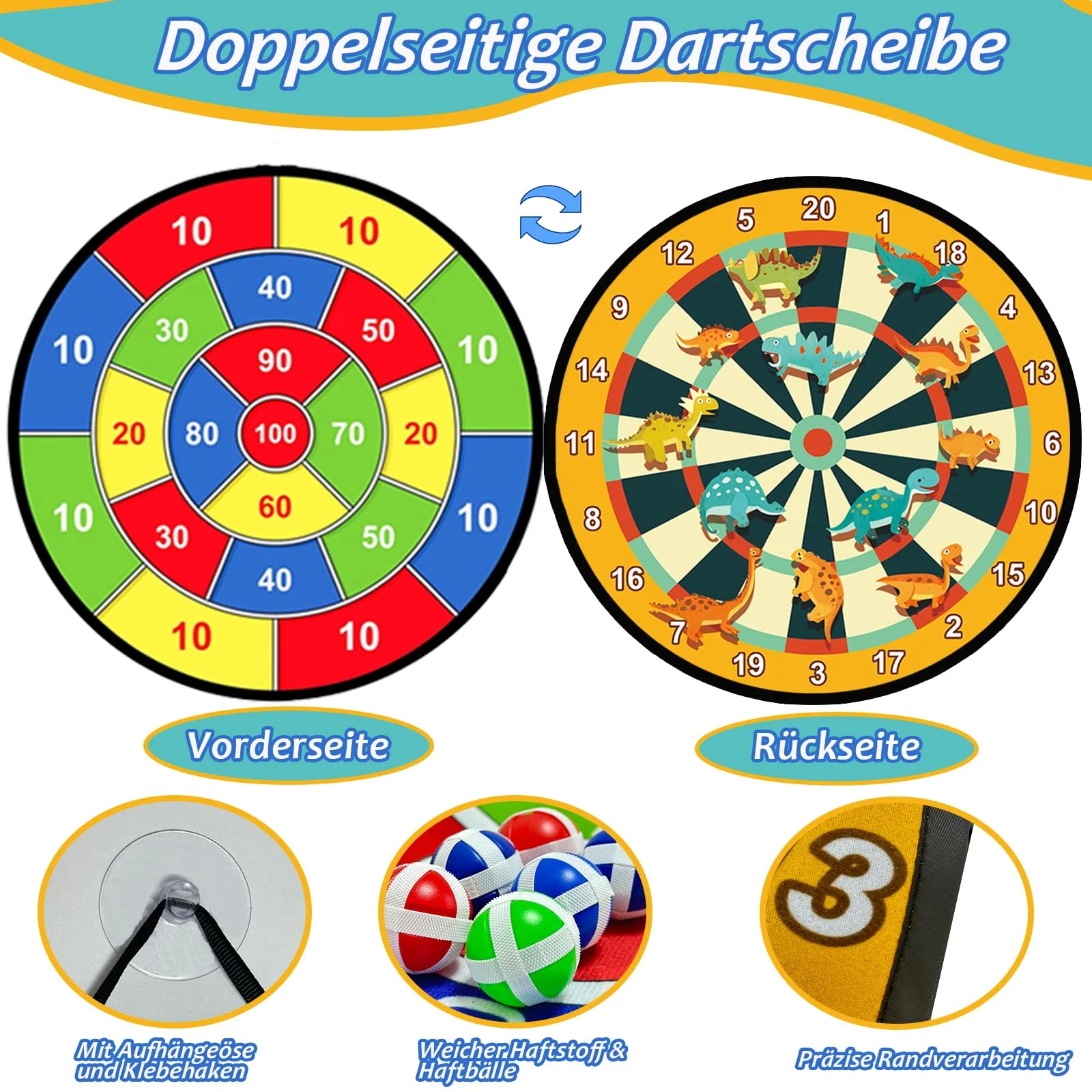 Spiele ab 3 4 5 6 Jahren, 76CM Kinder Doppelseitige Klett Dartscheibe mit 12 Klebrigen Bällen und 12 Darts, Dinosaurier Spielzeug ab 4-9 Jahre Drinnen und Draußen Wurfspiel Set Groß und Klei Geschenk - Image 6