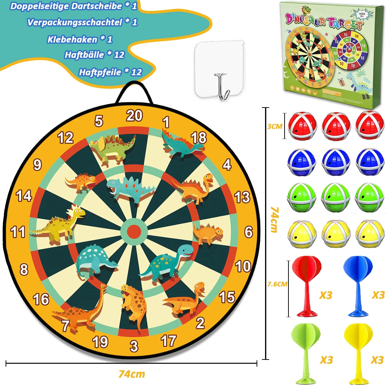 Spiele ab 3 4 5 6 Jahren, 76CM Kinder Doppelseitige Klett Dartscheibe mit 12 Klebrigen Bällen und 12 Darts, Dinosaurier Spielzeug ab 4-9 Jahre Drinnen und Draußen Wurfspiel Set Groß und Klei Geschenk - Image 7