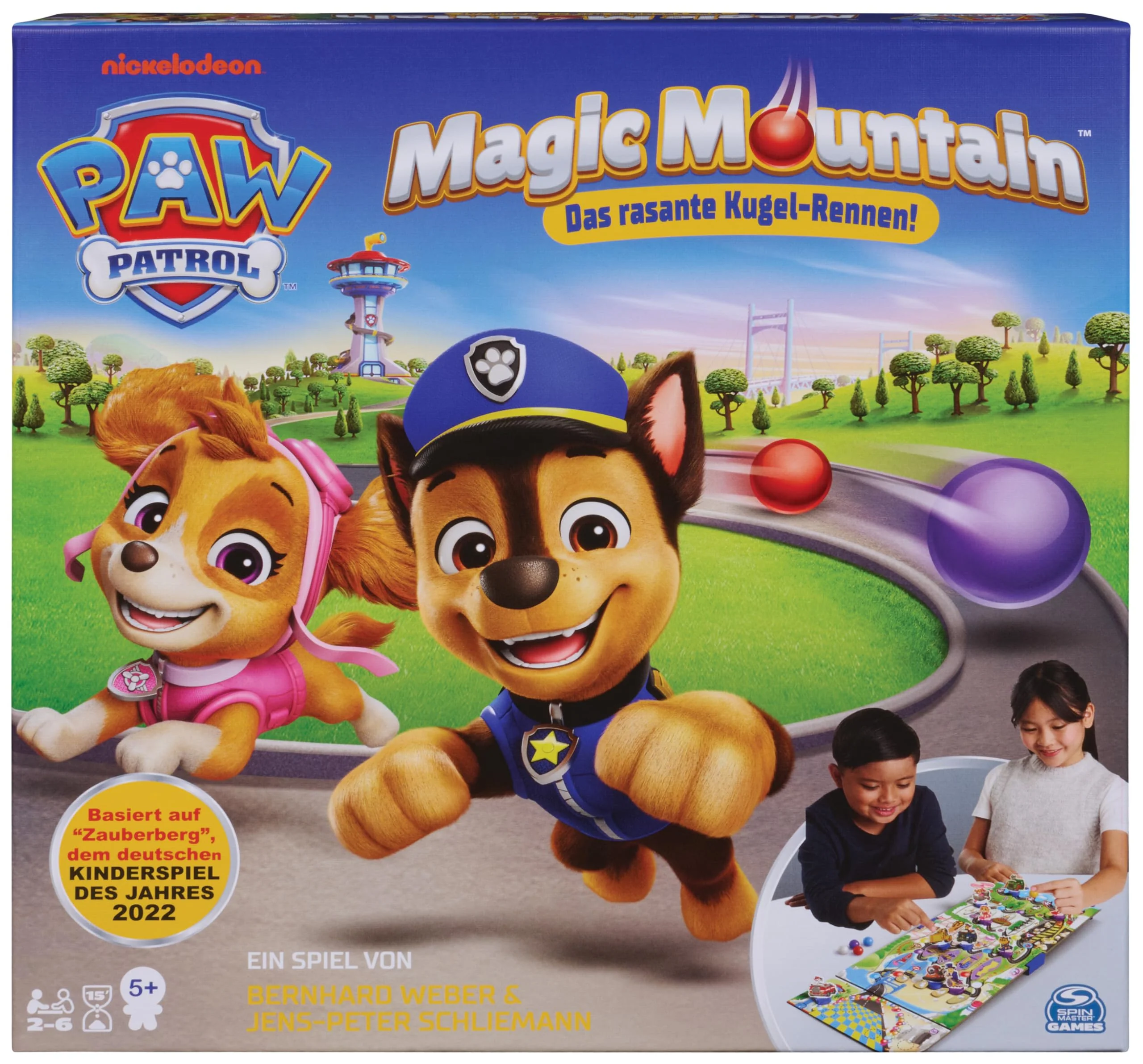 Spin Master Games – PAW Patrol Magic Mountain, Brettspiel mit Kugel-Rennen, basiert auf Zauberberg Spiel des Jahres 2022, für 2-6 Spieler, für Kinder ab 5 Jahren