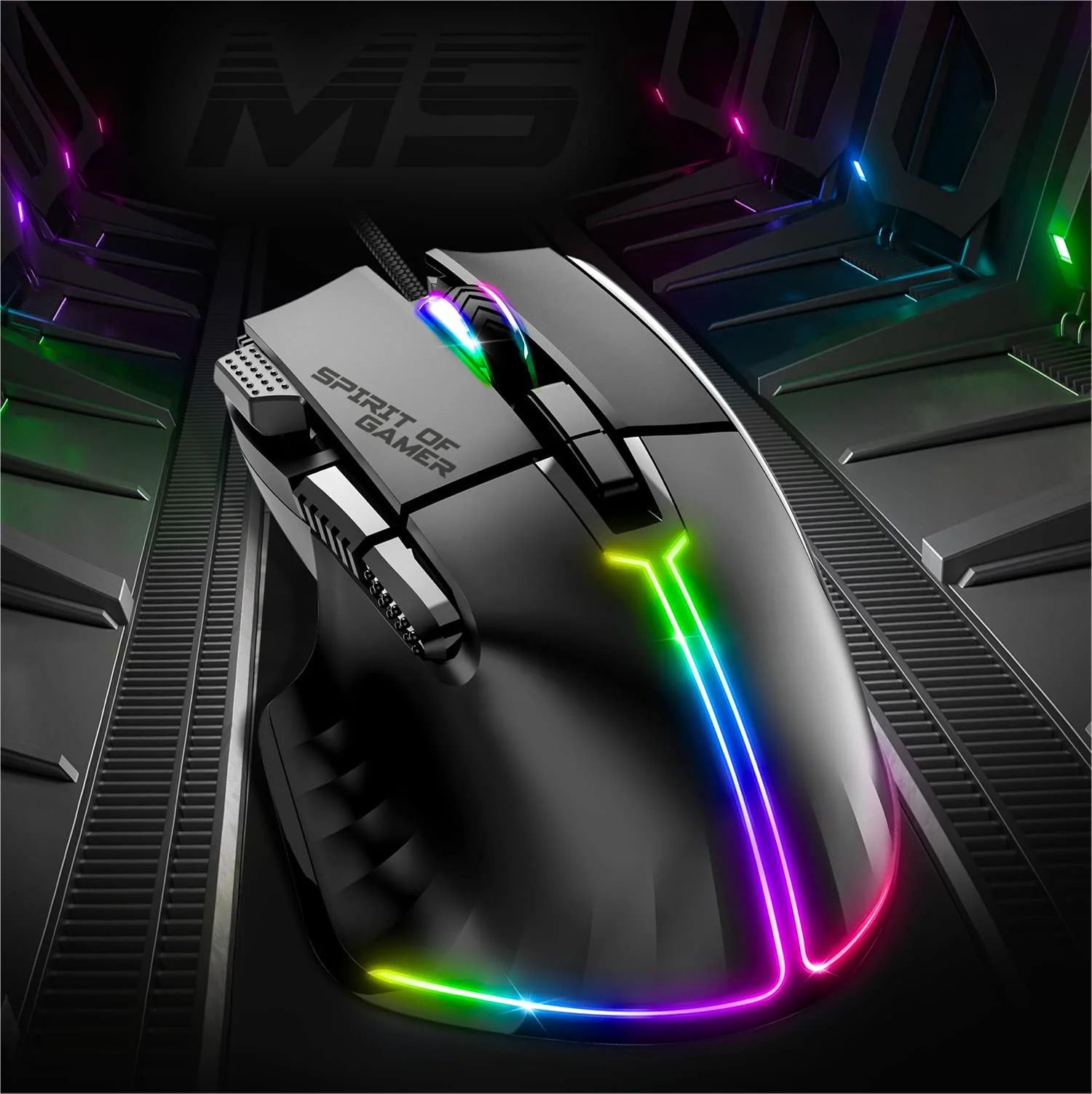 SPIRIT OF GAMER | Gaming Maus PC mit 12800 DPI | RGB Maus mit 8 Programmierbaren Tasten darunter 1 Rapid Fire | 13 Hintergrundbeleuchtungseffekte | Ergonomische Gaming Mouse mit Daumenauflage - Image 3