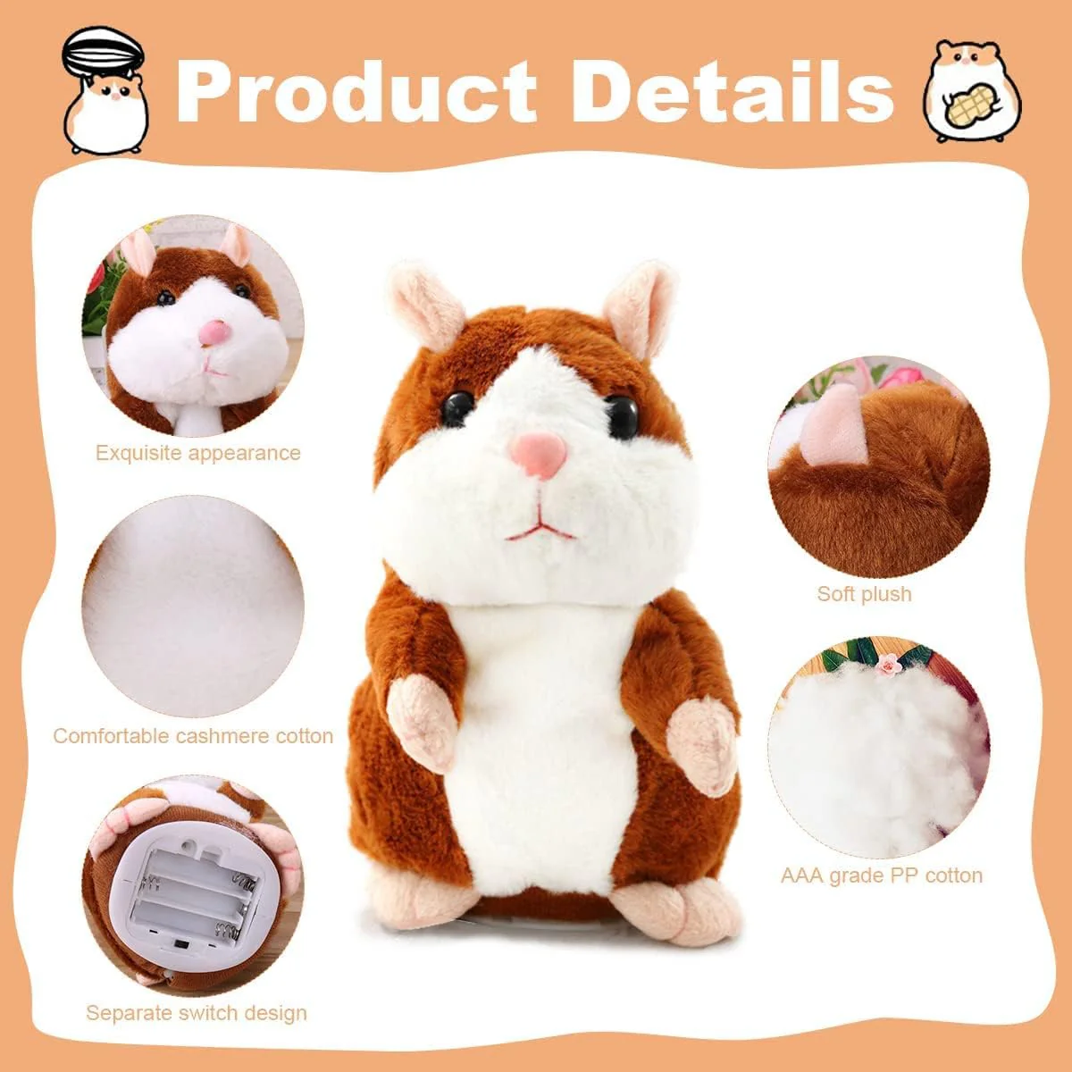 Sprechende Hamster Wiederholt,Sprechender Hamster Spielzeug,Talking Plüschtier Elektronische,Lustige Kinder Stofftiere,Plüsch Hamster,Maus Kinder Stofftier,Record Spielzeug Interaktives für Baby Kids - Image 6