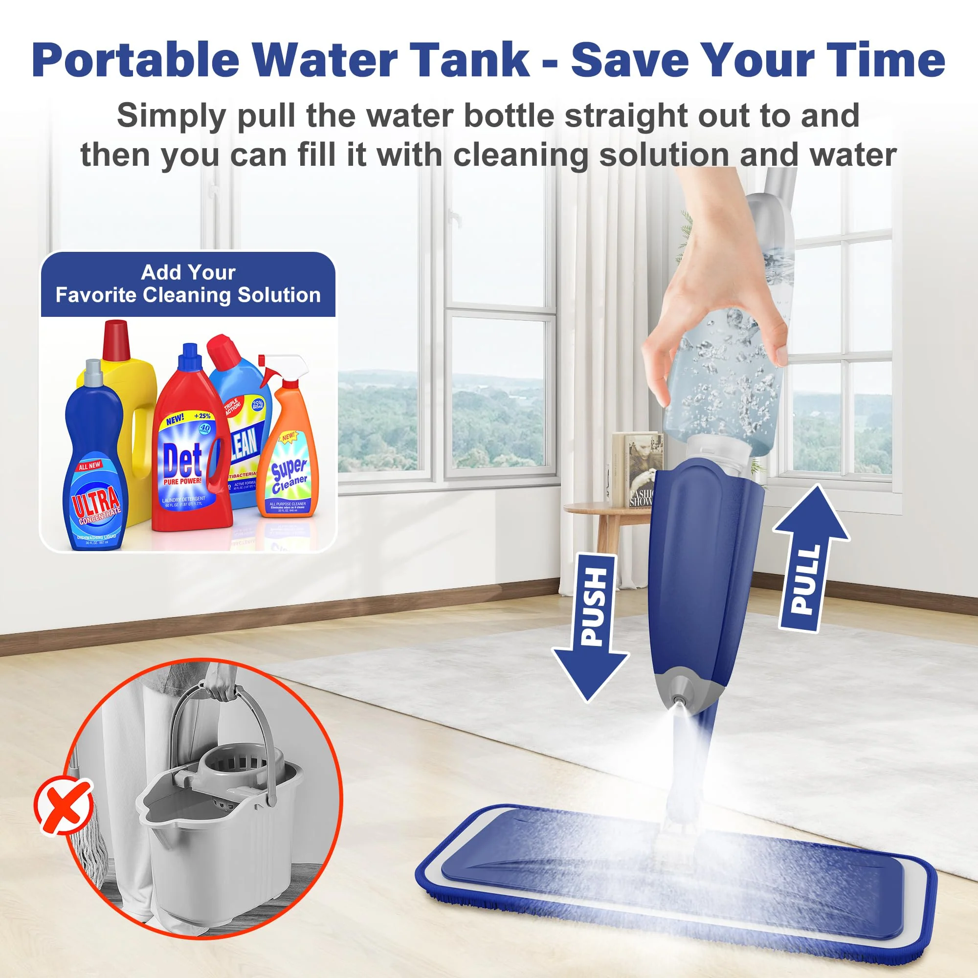 Sprühwischer Bodenwischer mit Sprühfunktion, Wischmopp mit Sprühfunktion Wischer Boden Spray Mop mit wassertank und 3 Waschbaren Mopp Pads für Hartholz, Marmor, Laminat Bodenreinigung - Image 4
