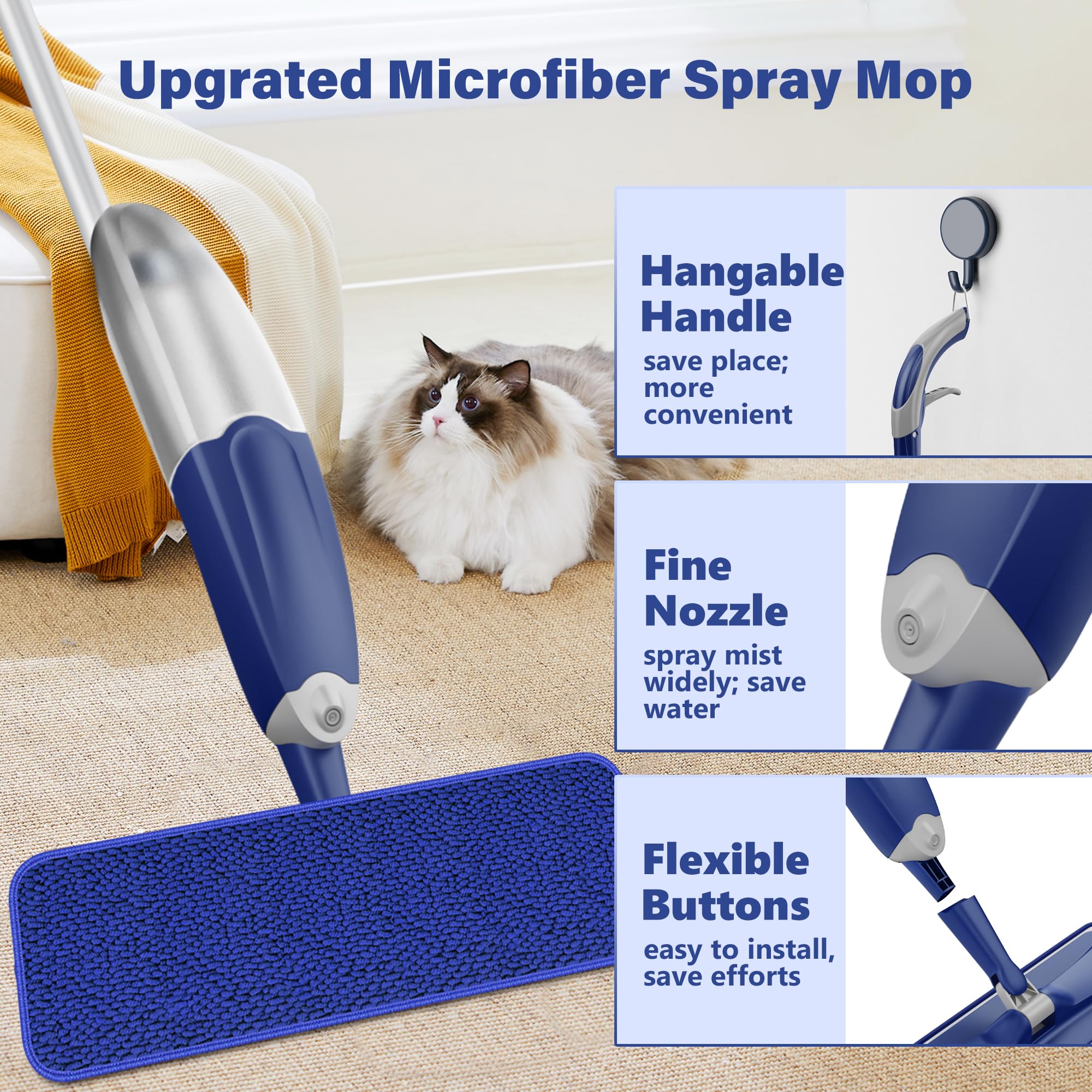 Sprühwischer Bodenwischer mit Sprühfunktion, Wischmopp mit Sprühfunktion Wischer Boden Spray Mop mit wassertank und 3 Waschbaren Mopp Pads für Hartholz, Marmor, Laminat Bodenreinigung - Image 7