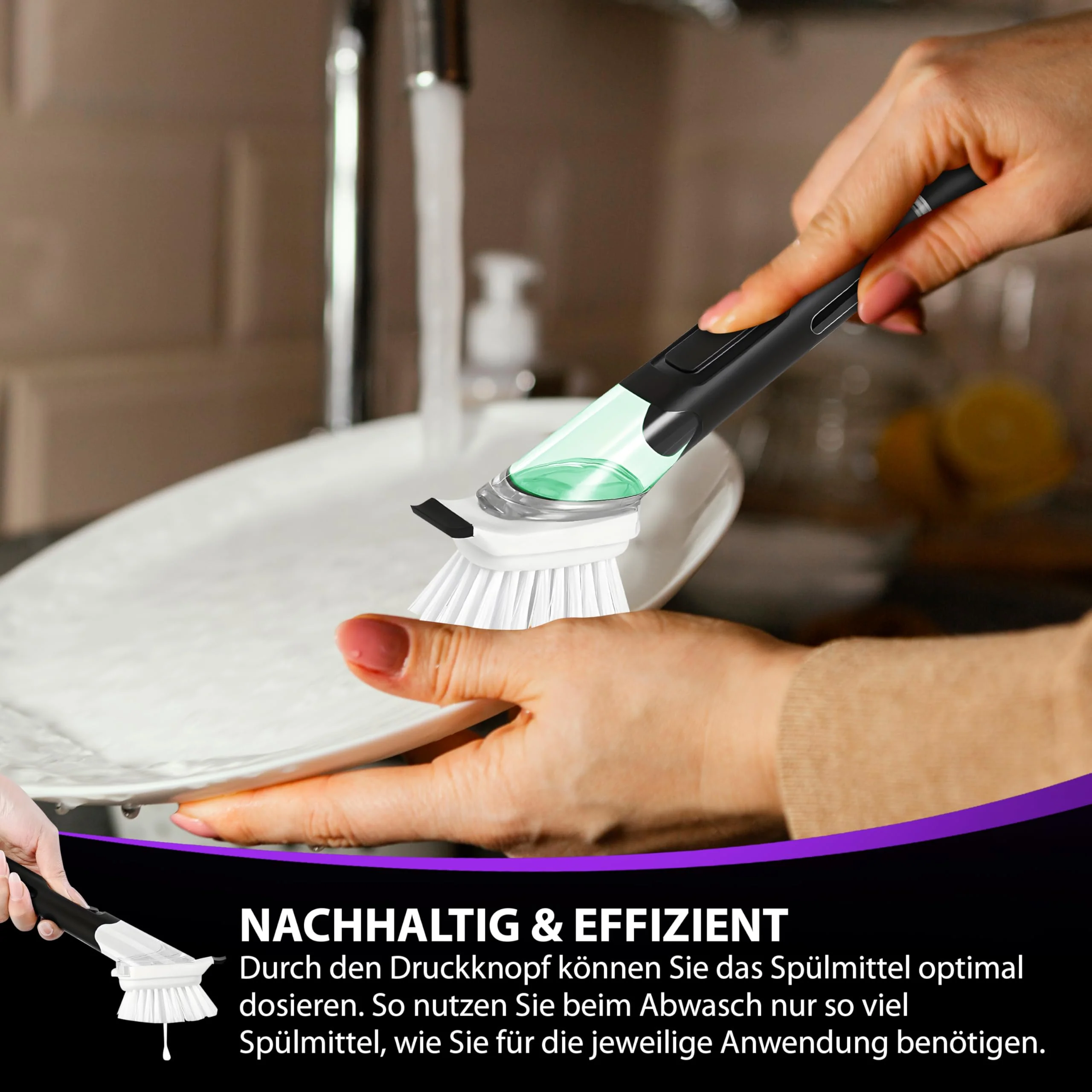 Spülbürste mit Spülmittelspender, Küchenbürste, Geschirrbürste, Abwaschbürste, mit Spülmittel befüllbar, Spülbürste schwarz, Set, Schwamm, Topf, Pfanne - Image 3