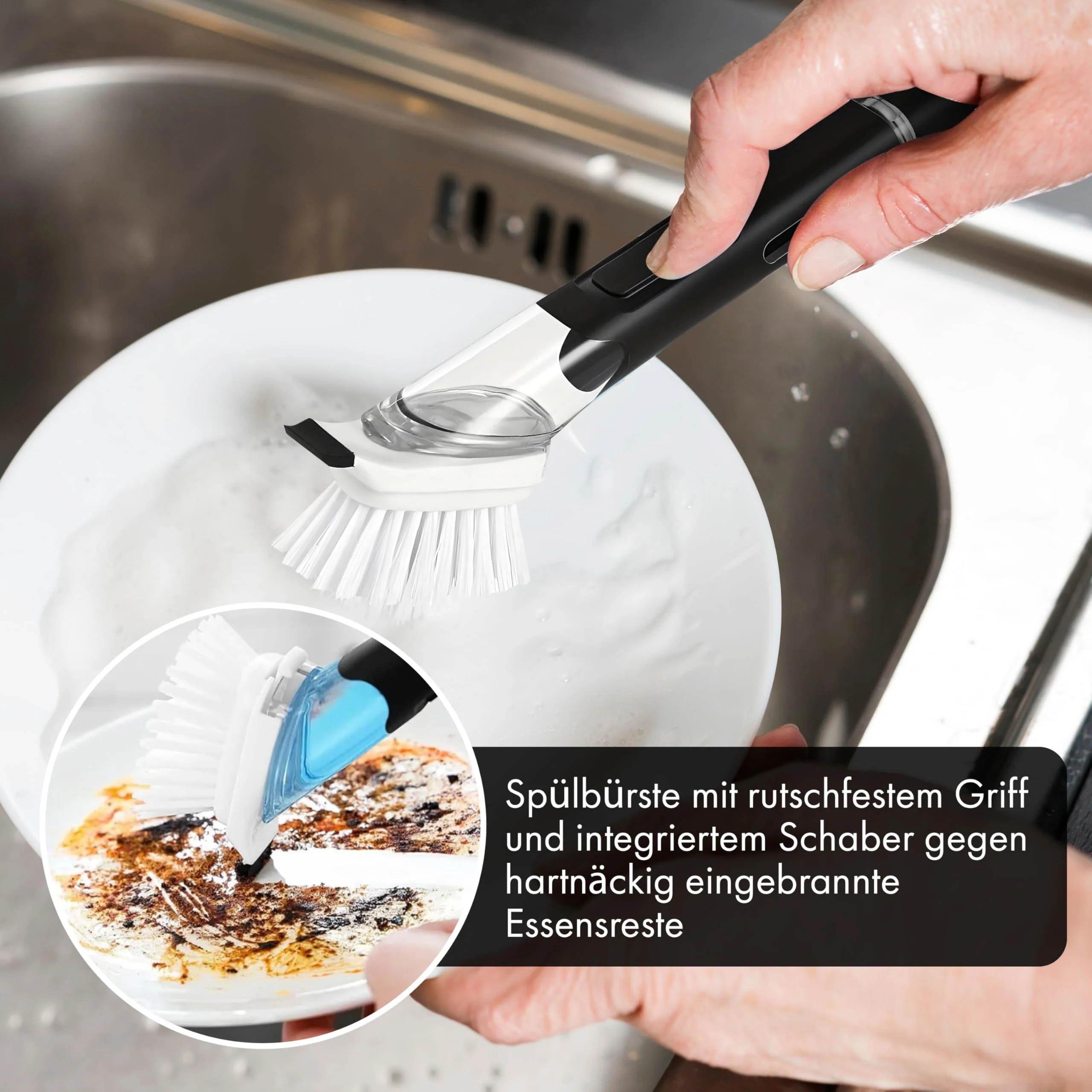 Spülbürste mit Spülmittelspender, Küchenbürste, Geschirrbürste, Abwaschbürste, mit Spülmittel befüllbar, Spülbürste schwarz, Set, Schwamm, Topf, Pfanne - Image 7