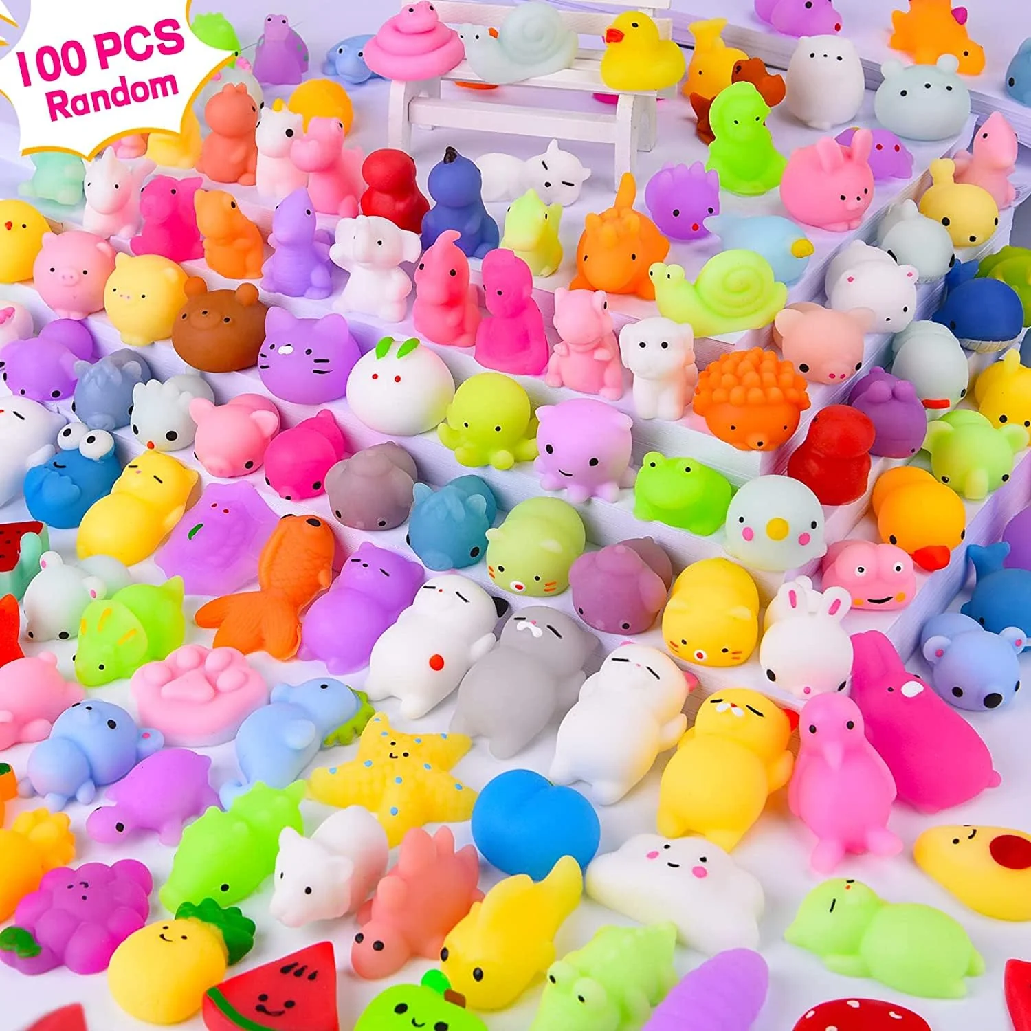 Squishy Kawaii Set 100 Stück Mini Mochi Squishy, Squishy Mochi,Fidget Toy Mochi für Jungen und Mädchen Osterspielzeug (Zufälliger Stil und Farbe)