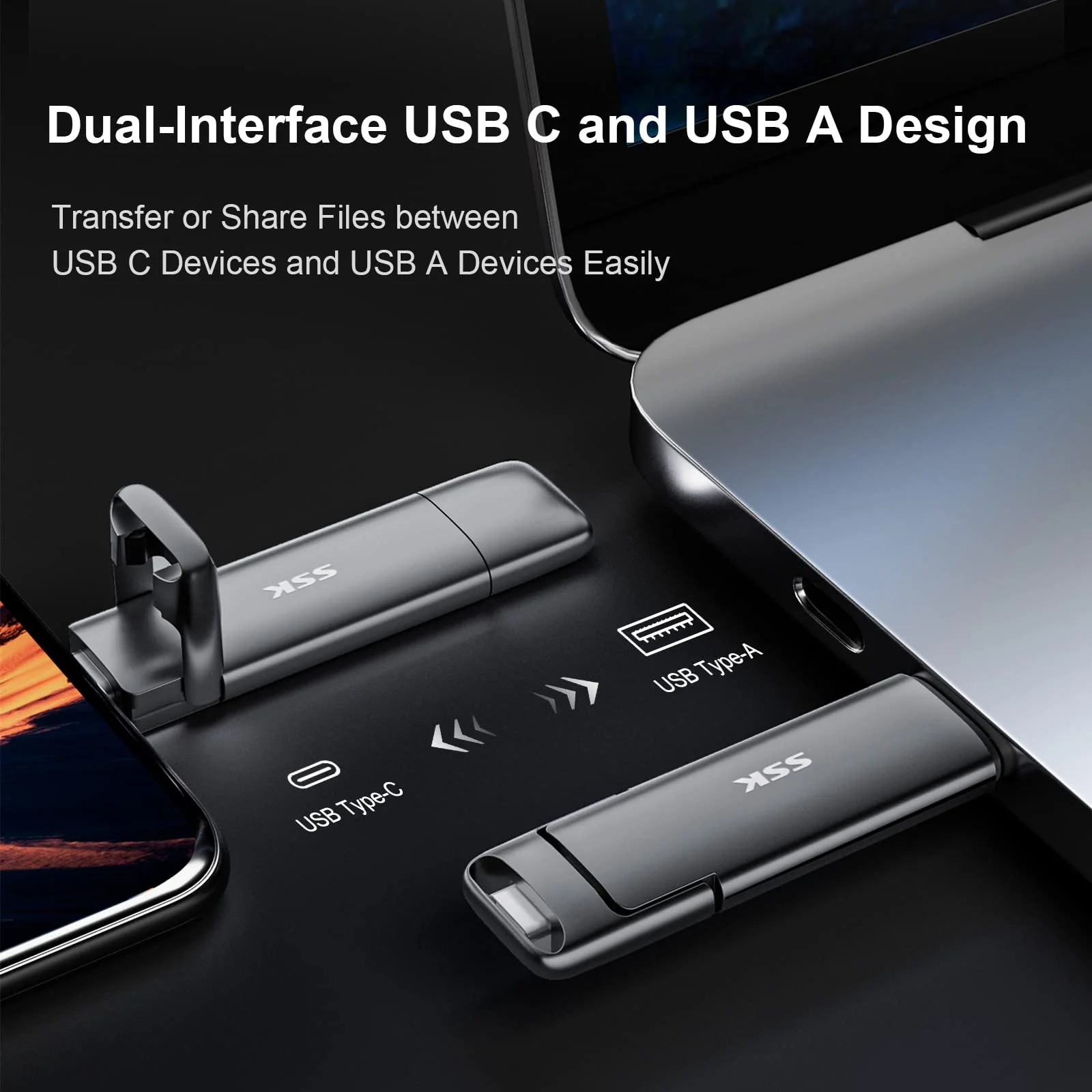 SSK Externe USB C SSD 1TB External Hard Drive, with up to 1000 MB/s, Fast USB Stick, Dual USB C + USB A USB Stick 3.2 Gen2 Memory Stick for iPhone 15/PS4/Android Phone/Tablet/Windows/Mac