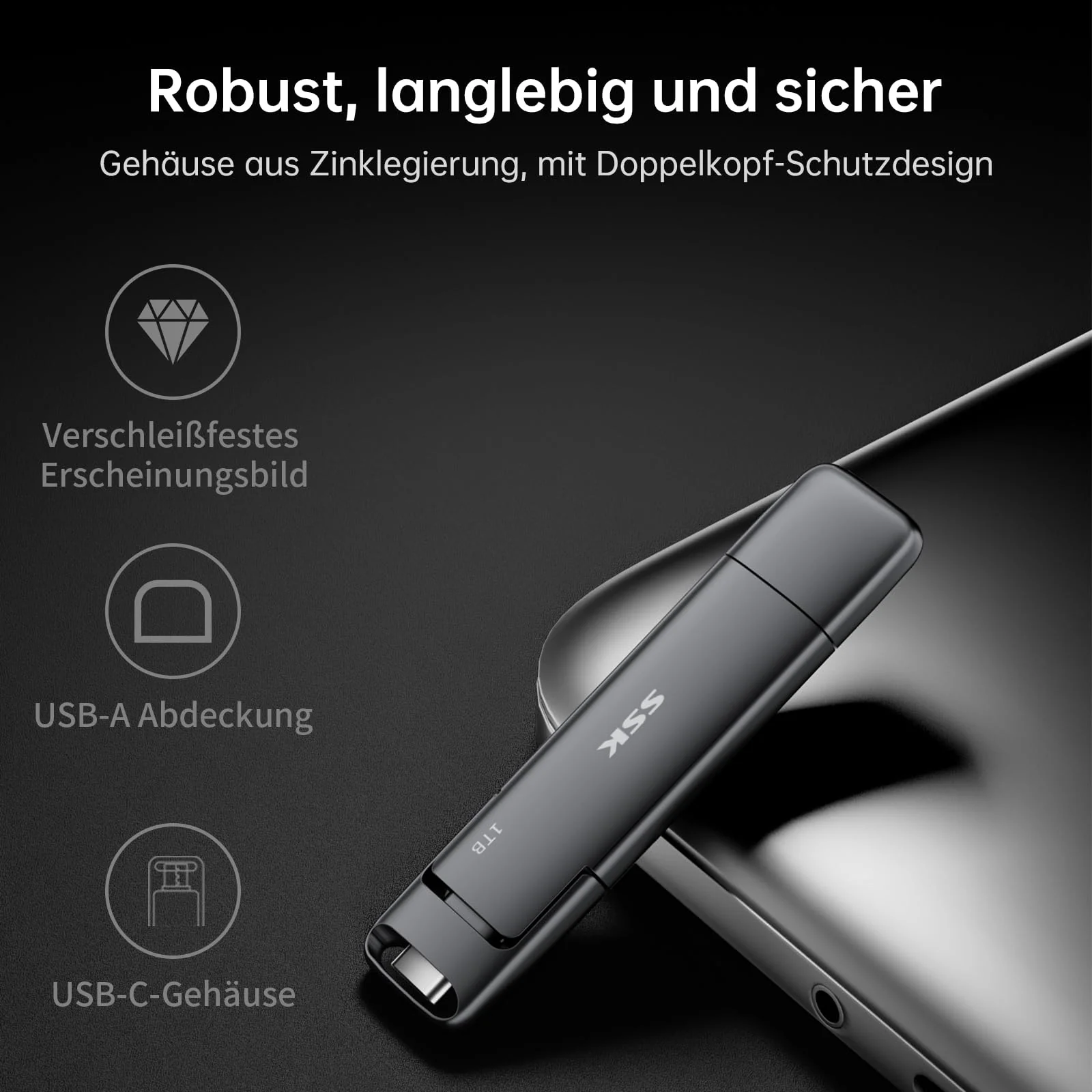 SSK USB C Externe SSD 1TB, mit bis zu 550 MB/s Extreme Schneller USB Solid State Drive, Dual-USB Typ C + USB A USB3.2 Gen2 Datenspeicher für Android-Telefon, Laptop, Tablet, Mac - Image 7