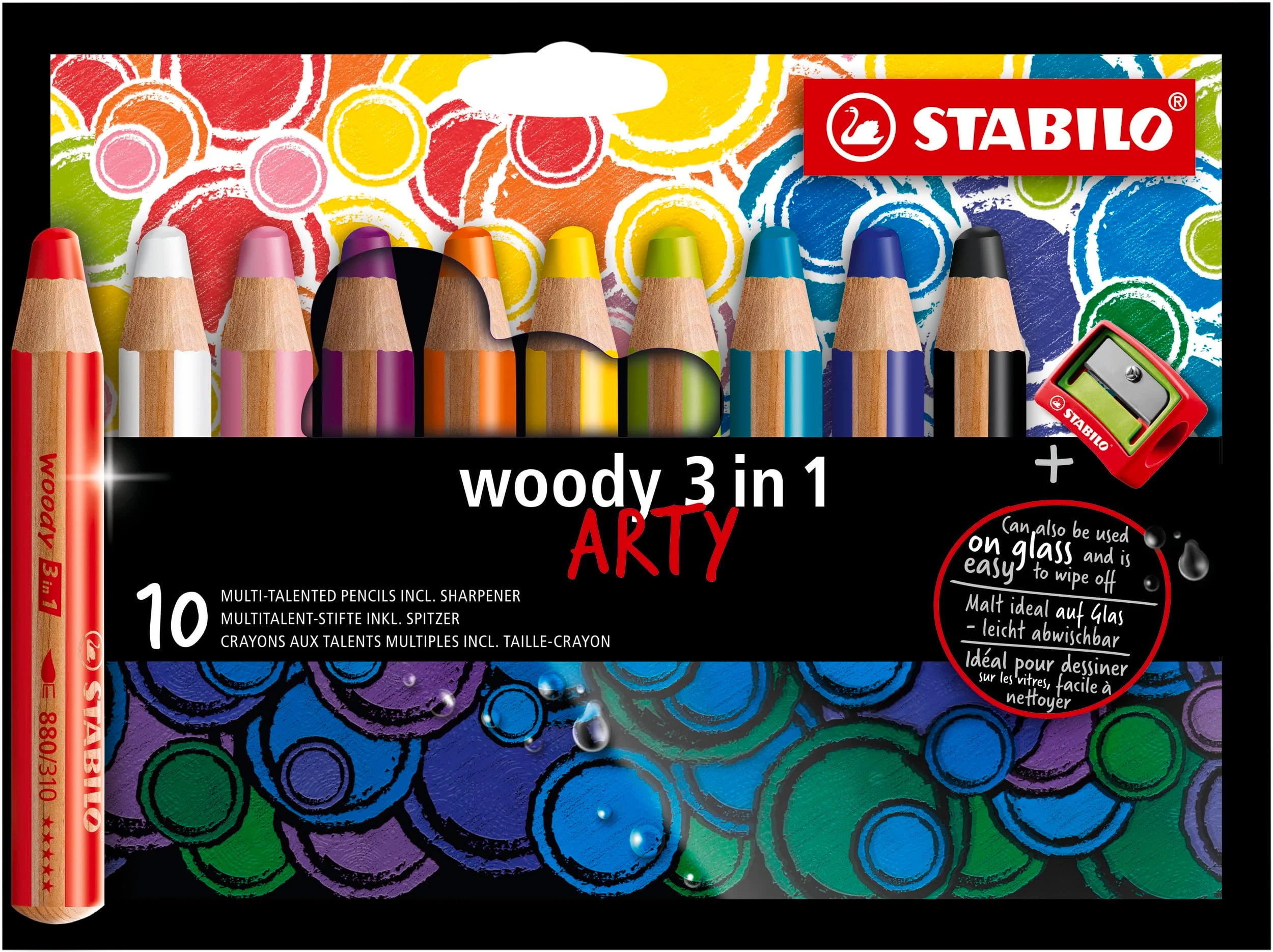 STABILO - Buntstift, Wasserfarbe & Wachsmalkreide - woody 3 in 1 - ARTY - 10er Pack und Spitzer