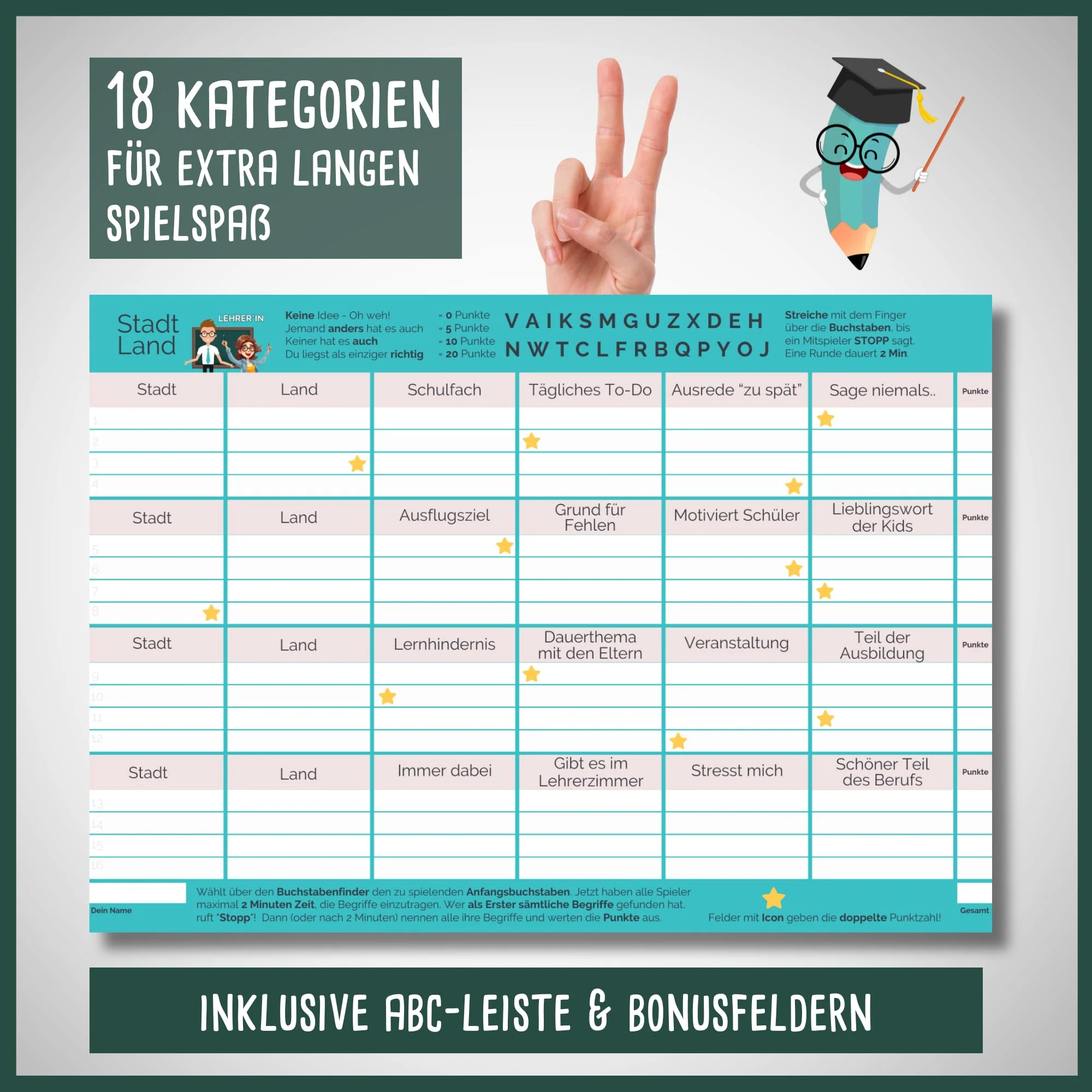 Stadt Land Fluss Lehrer + Lehrerin by snaPmee - Schule-Edition als Quiz Geschenk für Klassenlehrer & Schüler - 50 Blatt Din-A4 Block - Image 3