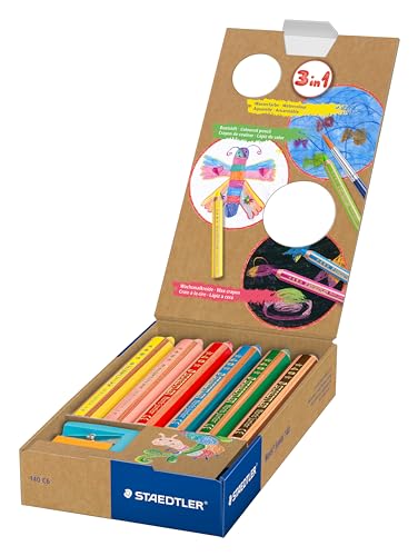 STAEDTLER 3in1 Buntstift Noris junior (Bunt-, Wachsmal- und Aquarellstift, extra bruchsicher, ideal für Kinder, für viele Oberflächen, Kartonetui mit 6 Farben inkl. Spitzer), 140 C6 - Image 8