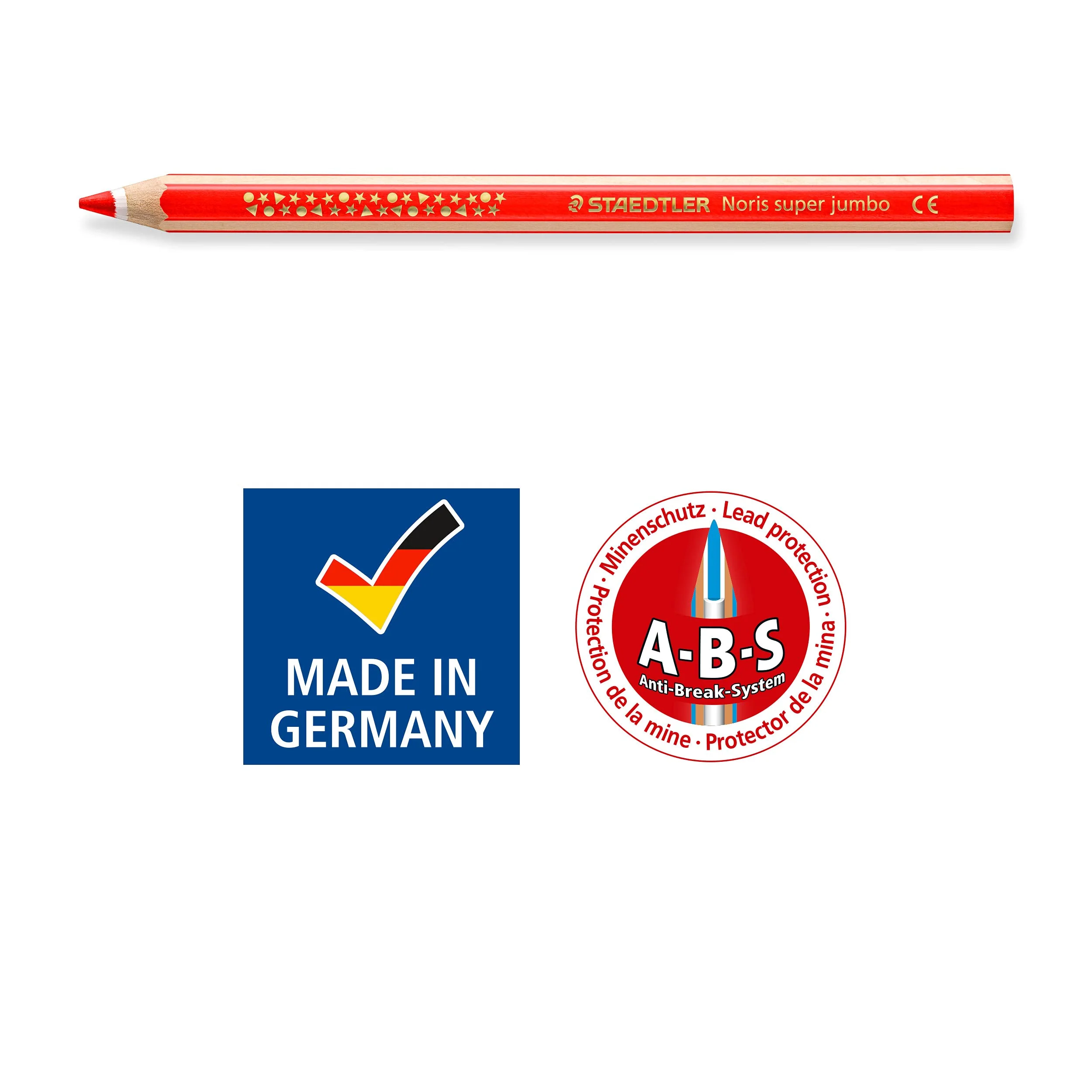 STAEDTLER Buntstift Noris super jumbo, erhöhte Bruchfestigkeit, Sechskantform, ABS-System, attraktive Sternchenprägung, Set mit 12 brillanten Farben und einem Spitzer, 129 NC12P1, 12 Stück (1er Pack) - Image 3