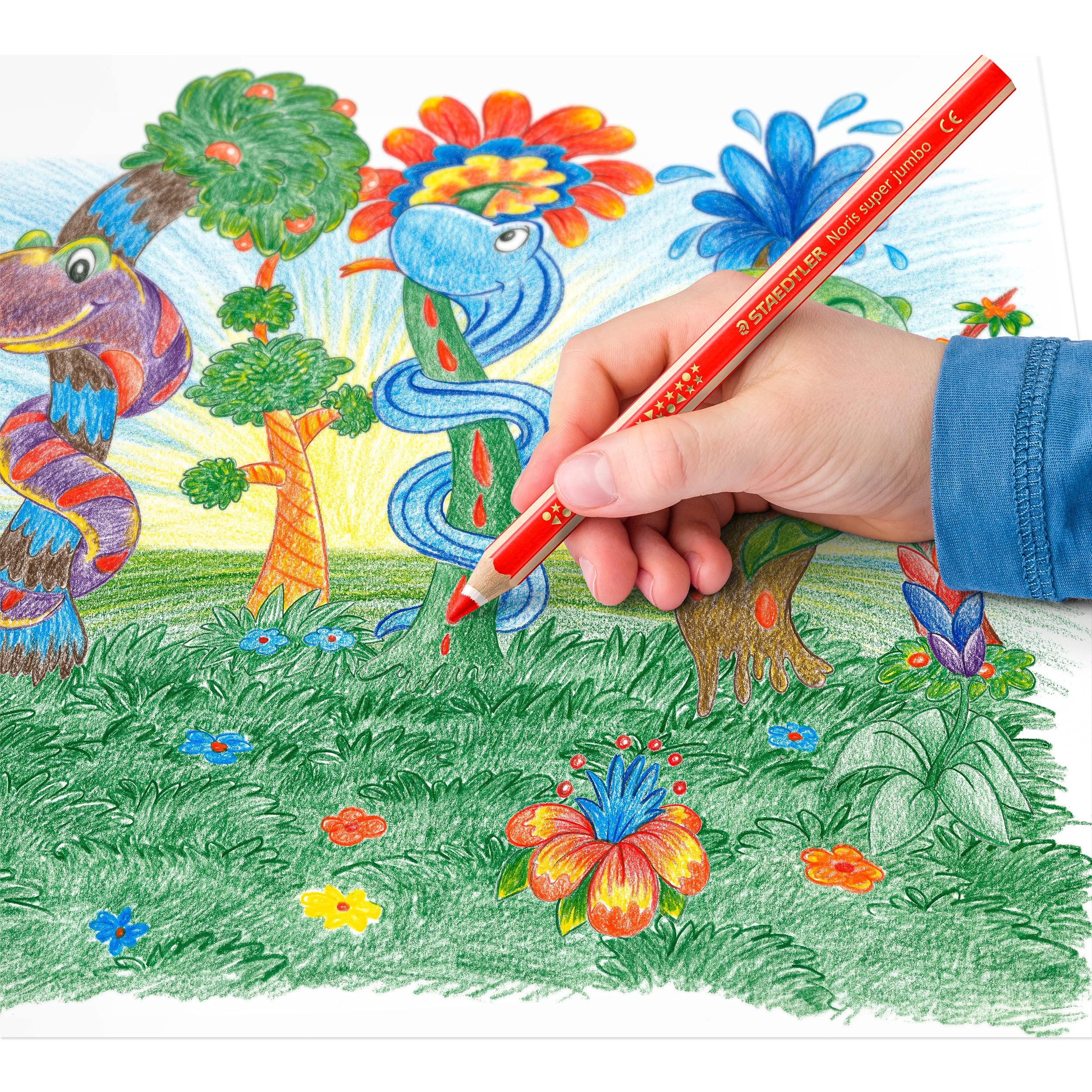 STAEDTLER Buntstift Noris super jumbo, erhöhte Bruchfestigkeit, Sechskantform, ABS-System, attraktive Sternchenprägung, Set mit 12 brillanten Farben und einem Spitzer, 129 NC12P1, 12 Stück (1er Pack) - Image 4
