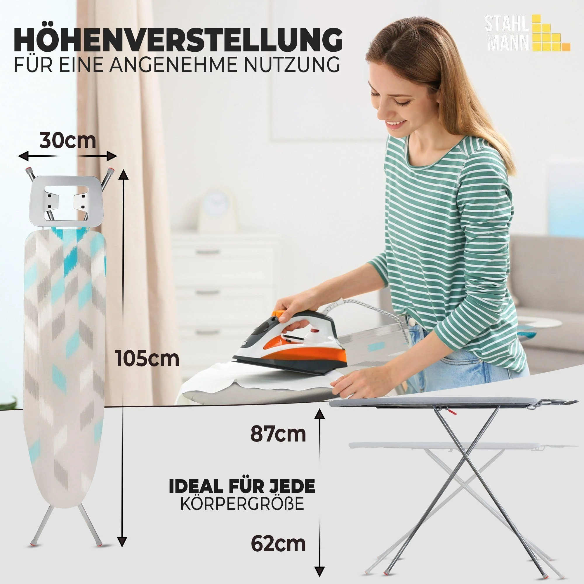 STAHLMANN ® Bügelbrett [110x30 Bügelfäche ] mit rutschfesten Füßen – robuster Bügeltisch – extra stabiles Bügelbrett [Made IN EU] – Tischbügelbrett - Image 2