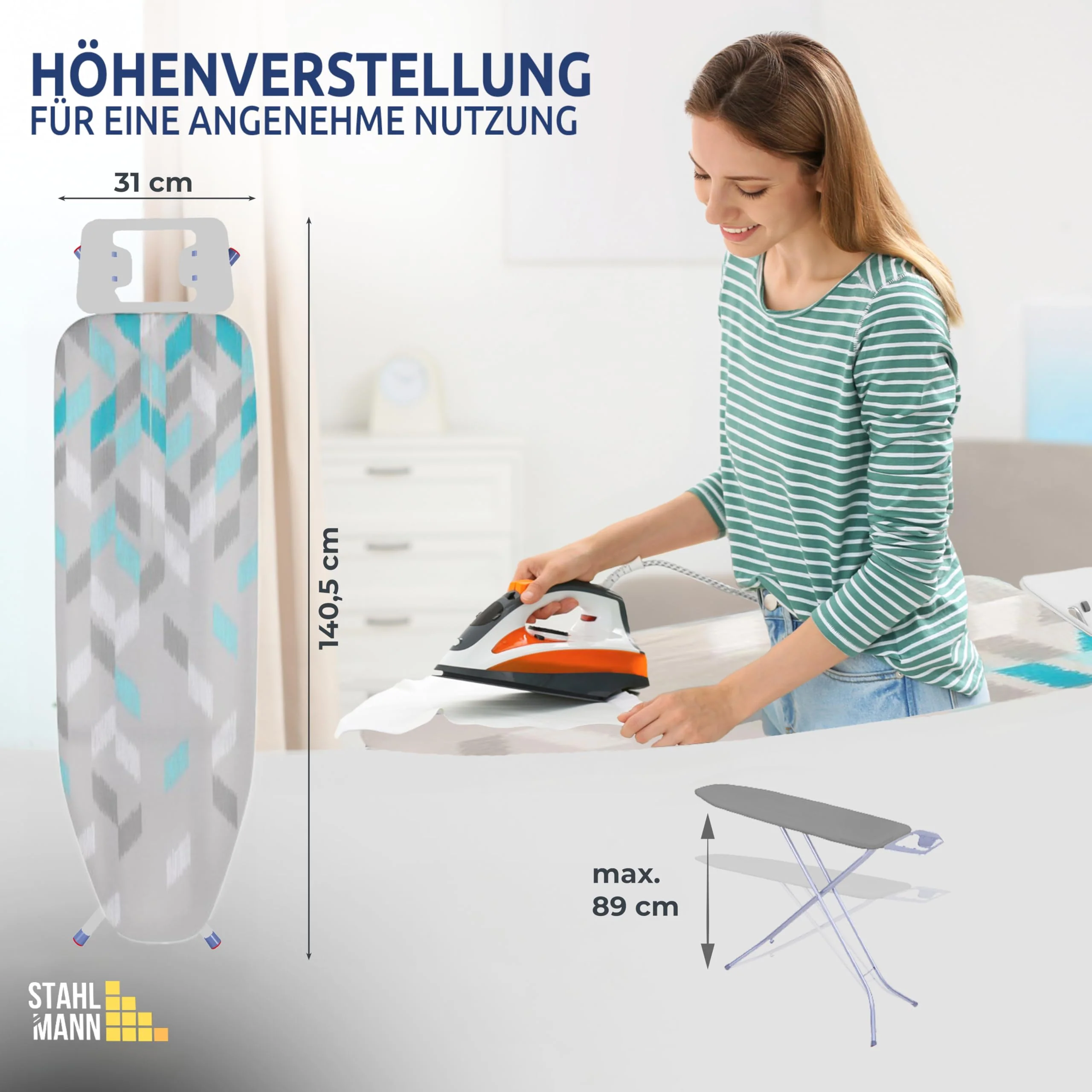 STAHLMANN ® Bügelbrett [114x34 Bügelfäche ] mit rutschfesten Füßen – robuster Bügeltisch – extra stabiles Bügelbrett [Made IN EU] – Tischbügelbrett - Image 4