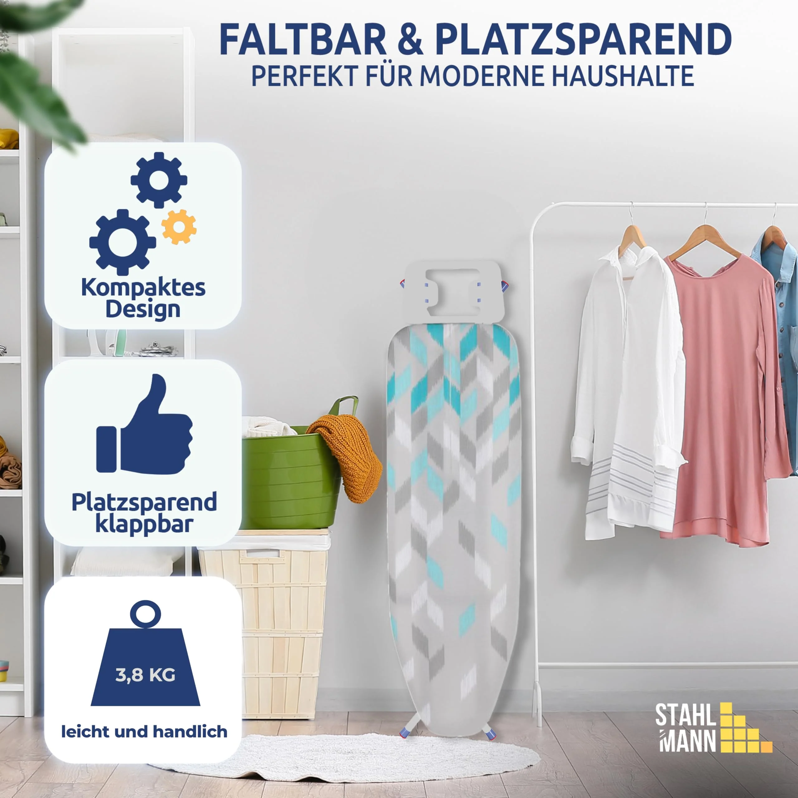 STAHLMANN ® Bügelbrett [114x34 Bügelfäche ] mit rutschfesten Füßen – robuster Bügeltisch – extra stabiles Bügelbrett [Made IN EU] – Tischbügelbrett - Image 6