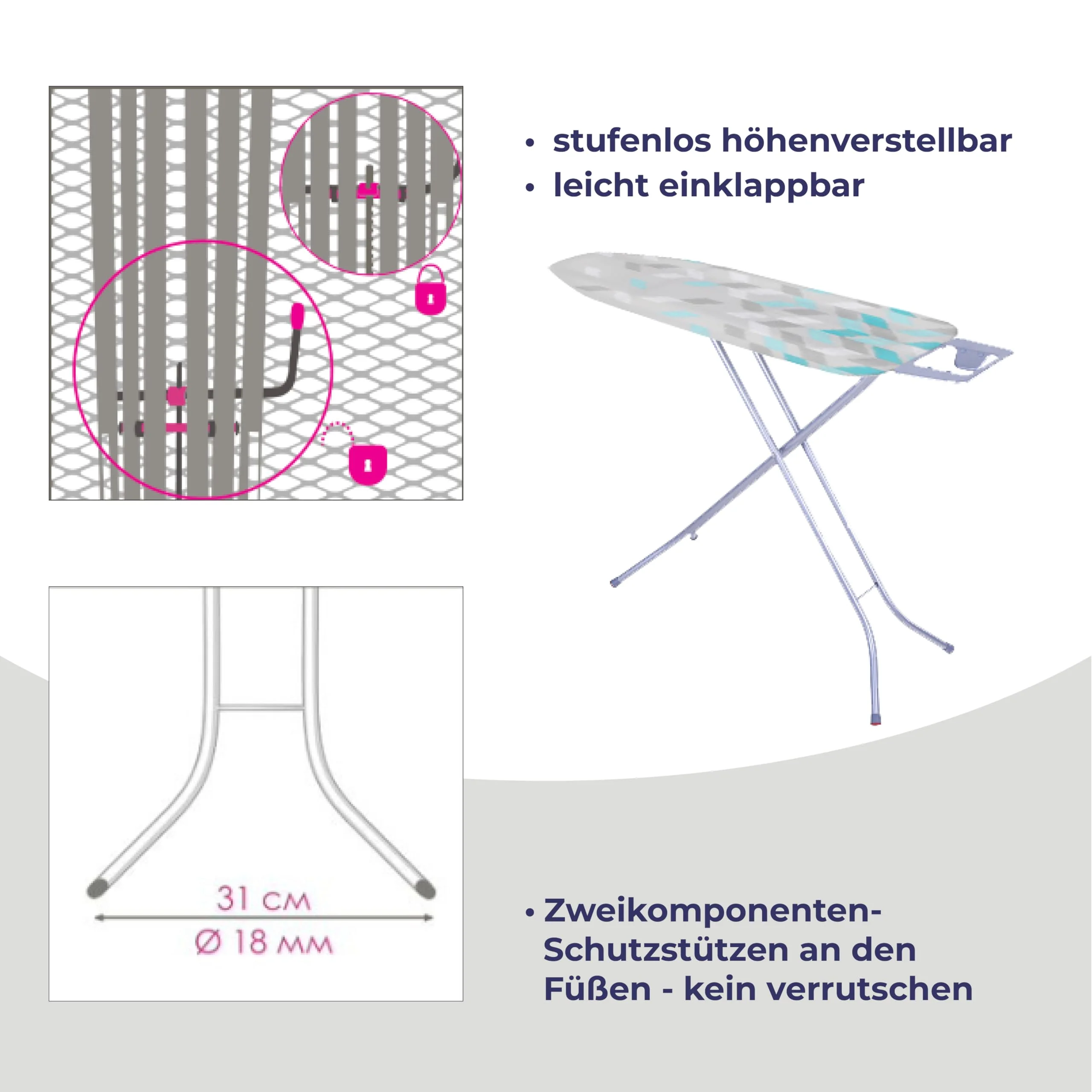 STAHLMANN ® Bügelbrett [114x34 Bügelfäche ] mit rutschfesten Füßen – robuster Bügeltisch – extra stabiles Bügelbrett [Made IN EU] – Tischbügelbrett - Image 7