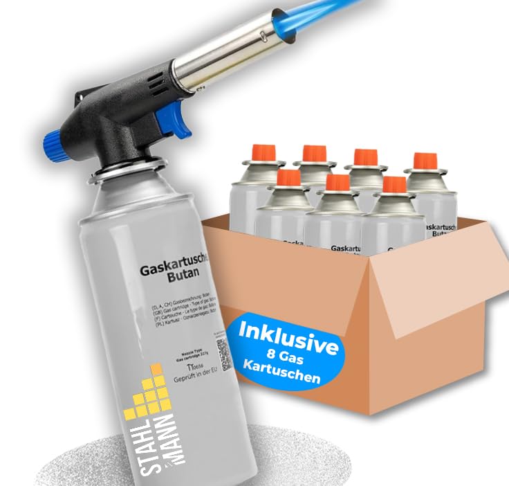 STAHLMANN ® Gasbrenner mit Kartusche 8x227g – Schweißbrenner max. 1300°C Temperatur – Lötlampe mit Piezozündung – Bunsenbrenner Küche -Küchenbrenner (8x Gaskartuschen)