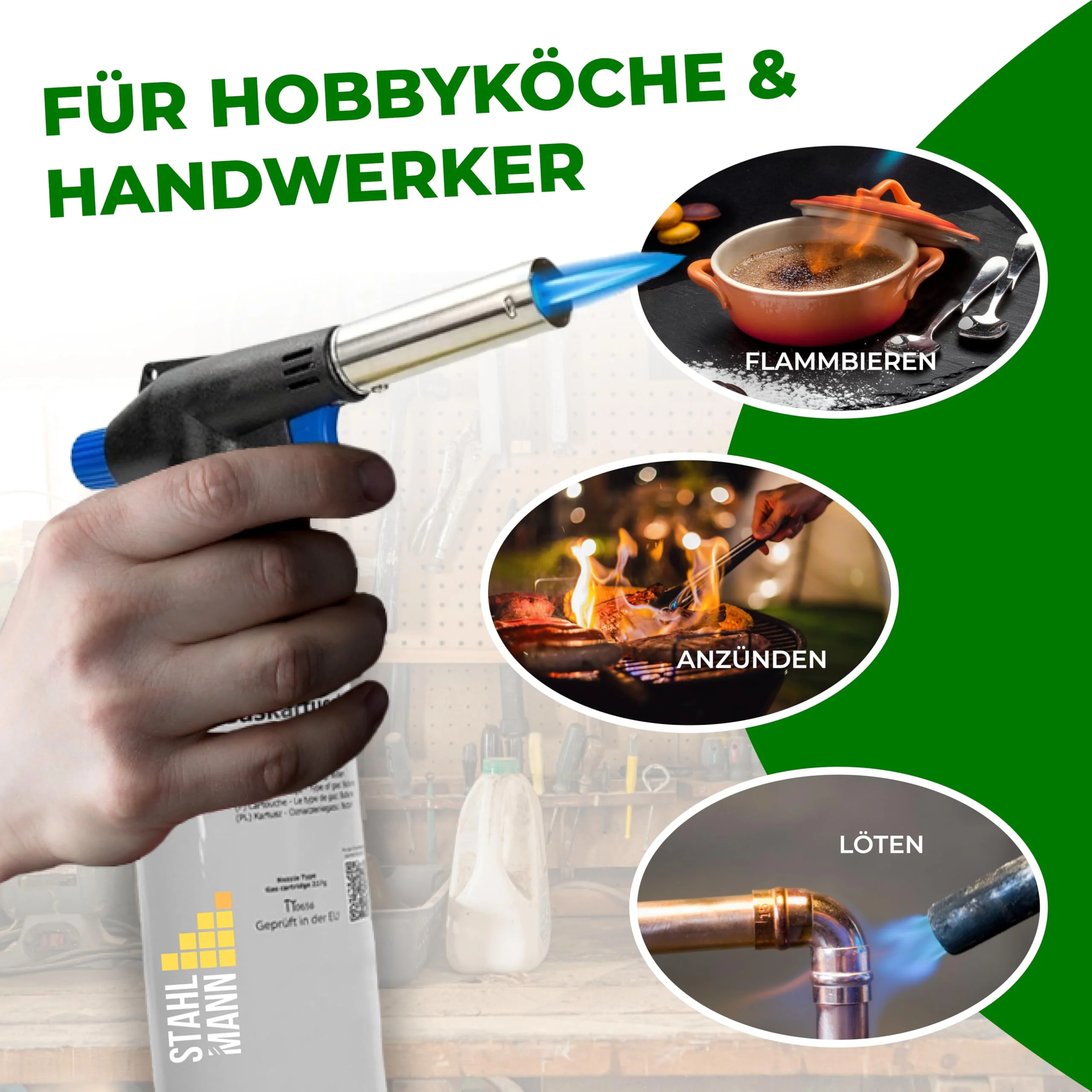 STAHLMANN ® Gasbrenner mit Kartusche 8x227g – Schweißbrenner max. 1300°C Temperatur – Lötlampe mit Piezozündung – Bunsenbrenner Küche -Küchenbrenner (8x Gaskartuschen) - Image 5