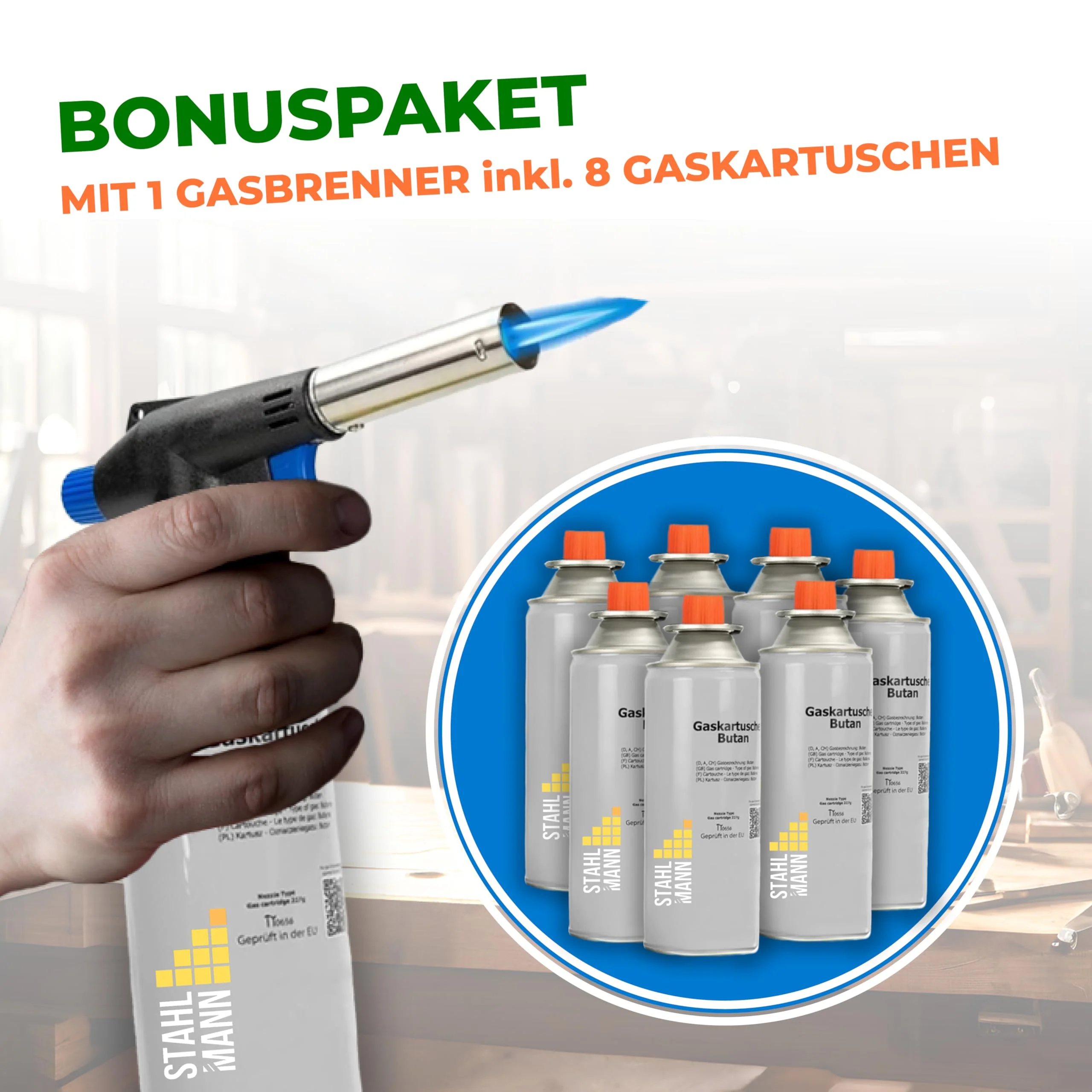 STAHLMANN ® Gasbrenner mit Kartusche 8x227g – Schweißbrenner max. 1300°C Temperatur – Lötlampe mit Piezozündung – Bunsenbrenner Küche -Küchenbrenner (8x Gaskartuschen) - Image 6
