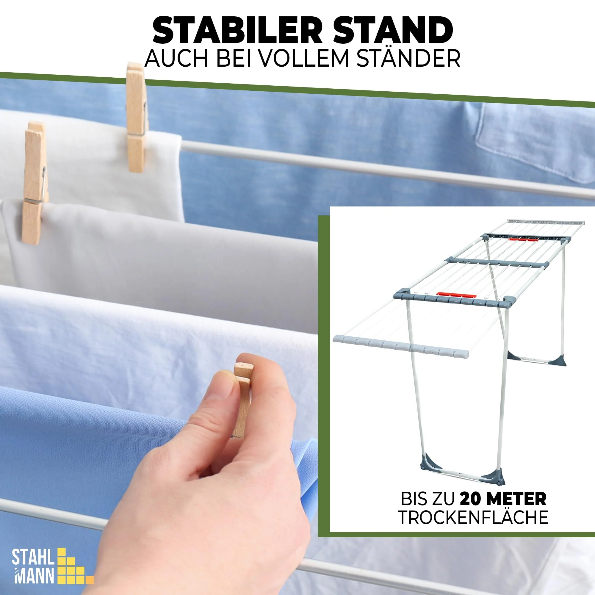 STAHLMANN ® Wäscheständer ausziehbar [20M Trockenfläche ] Made IN EU - Wäscheständer XXL - Wäscheständer mit Klemmen für kleine Wäschestücke - Wäscheständer platzsparend - Image 3