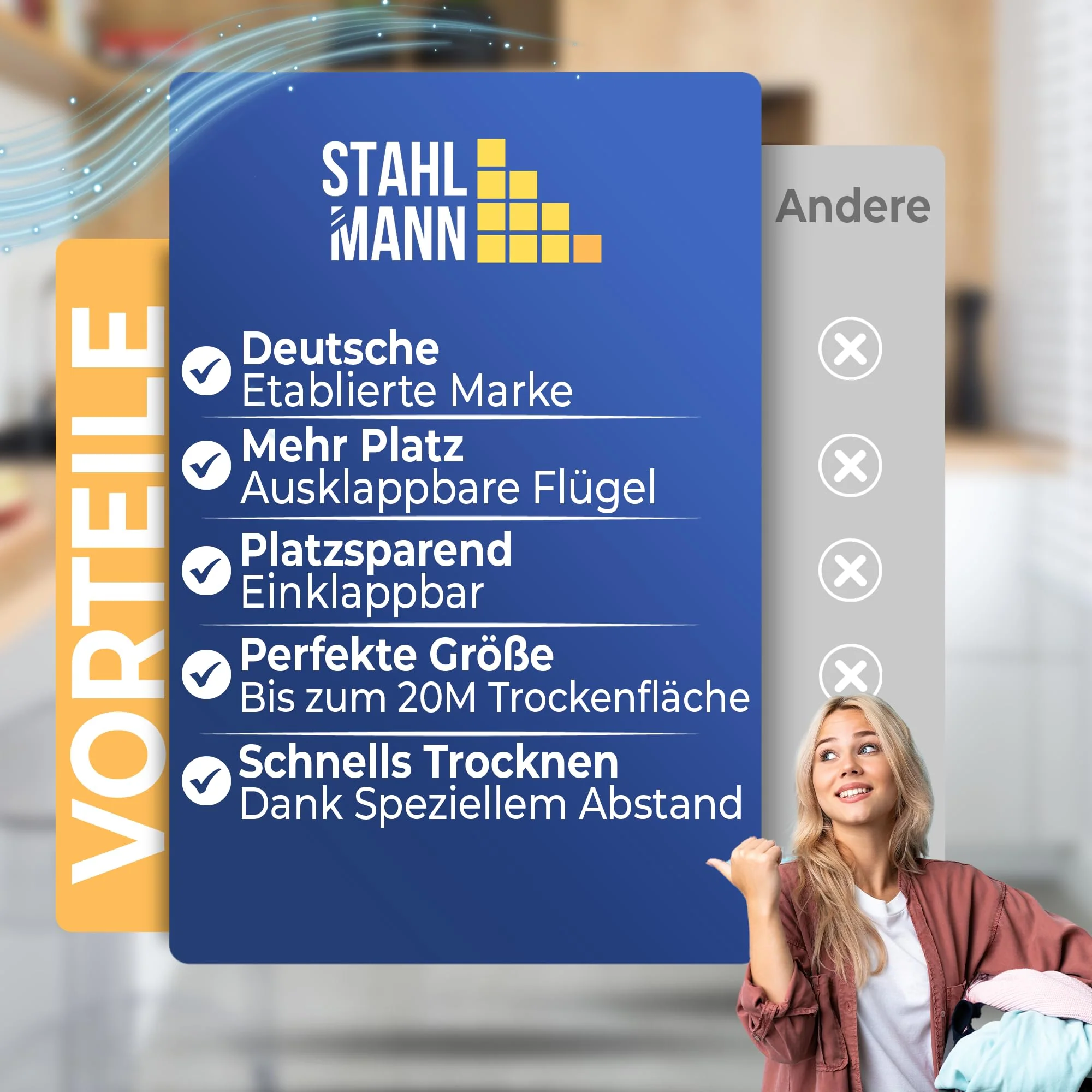 STAHLMANN ® Wäscheständer ausziehbar [20M Trockenfläche ] - Wäscheständer XXL [Made IN EU] - Wäscheständer schwarz mit Klemmen für kleine Wäschestücke - Wäscheständer platzsparend - Image 4