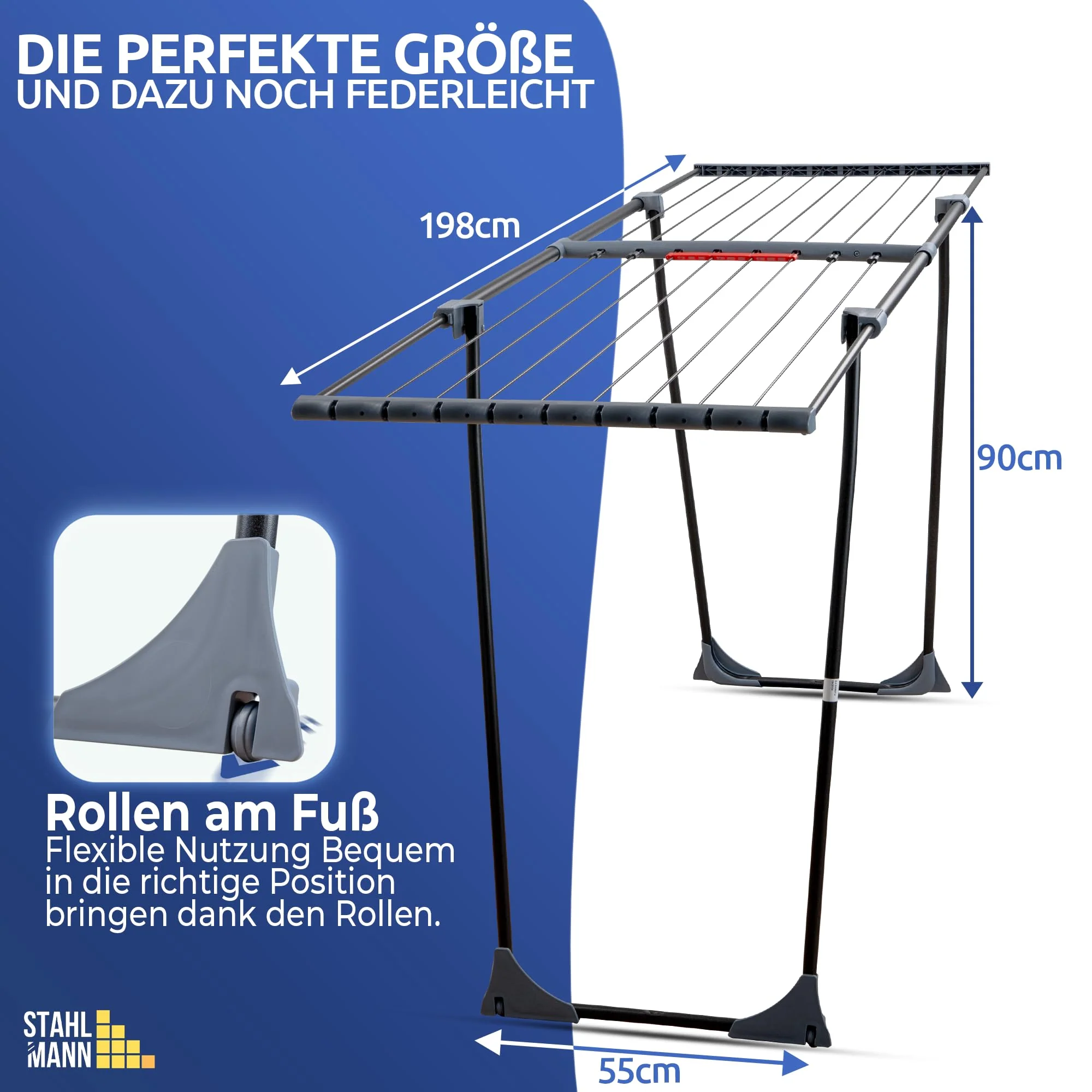 STAHLMANN ® Wäscheständer ausziehbar [20M Trockenfläche ] - Wäscheständer XXL [Made IN EU] - Wäscheständer schwarz mit Klemmen für kleine Wäschestücke - Wäscheständer platzsparend - Image 5