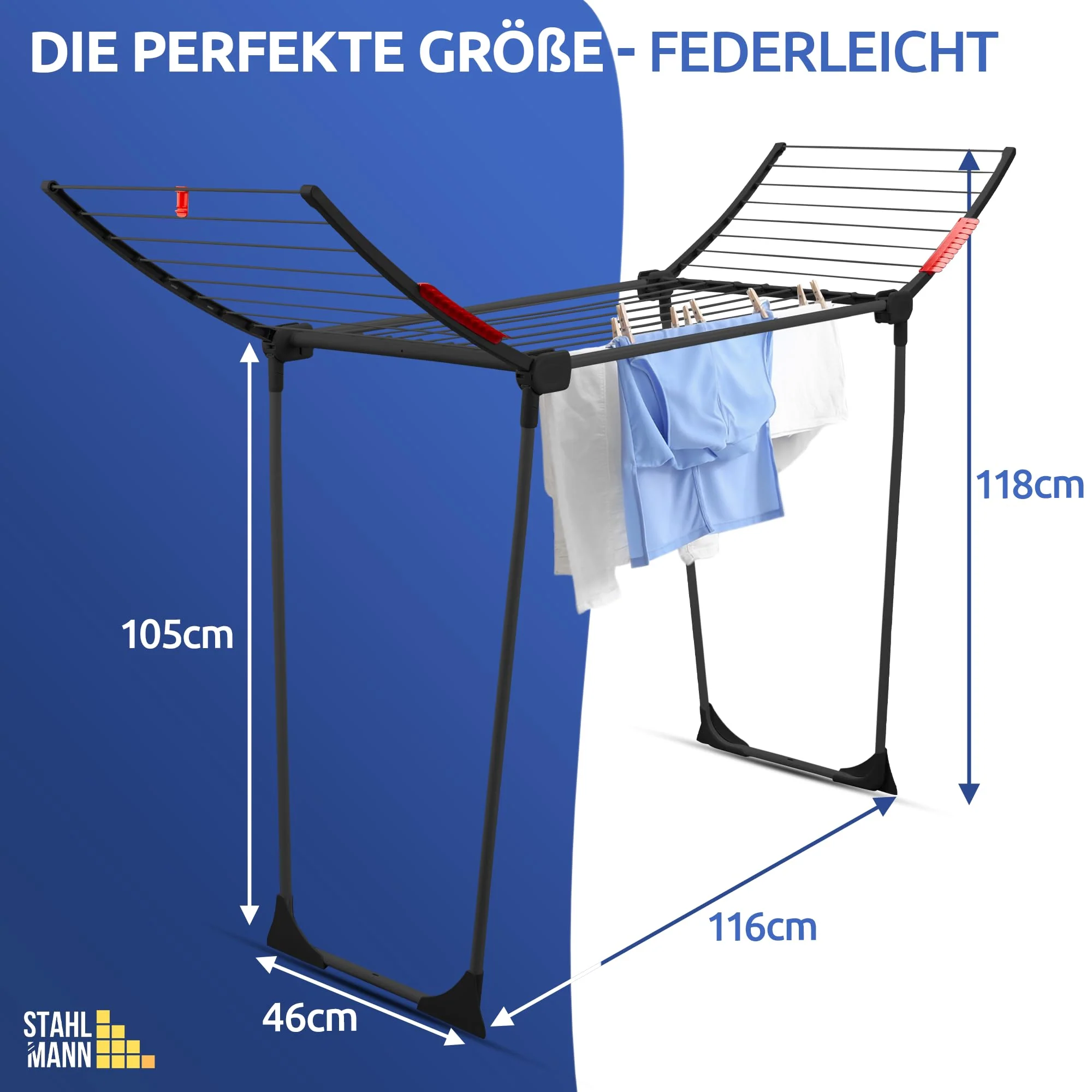 STAHLMANN ® Wäscheständer schwarz [18M Trockenfläche ] - Flügelwäscheständer [Made IN EU] 1,05 M Flügel ideal für Lange Kleidungsstücke - Wäscheständer platzsparend - Image 3