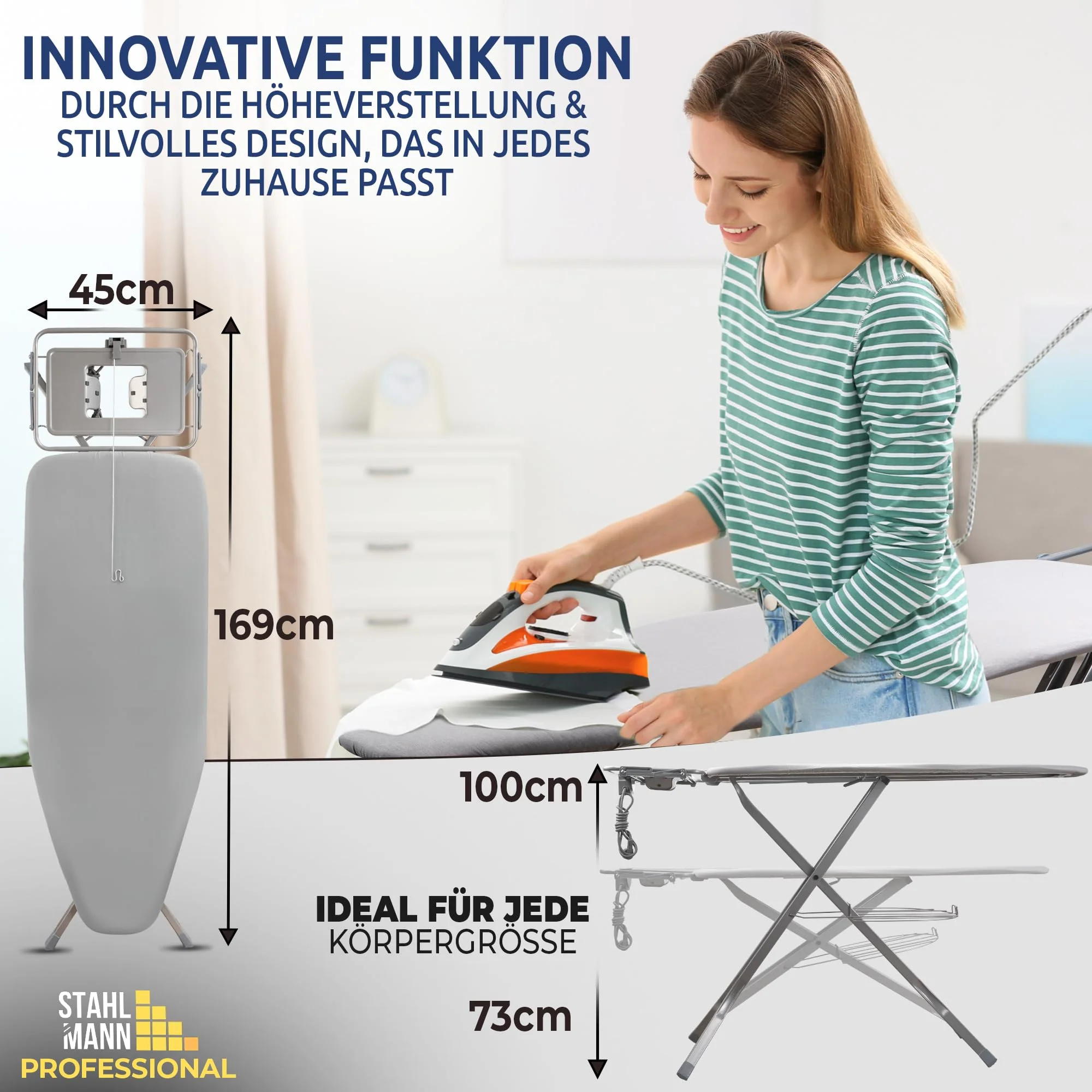 STAHLMANN ® XXL-Bügelbrett für Dampfbügelstation [130x48 Bügelfläche]– Bügeltisch [Made IN EU] – extra stabiles Bügelbrett – Bügelbrettbezug [100% Baumwolle] - Image 2