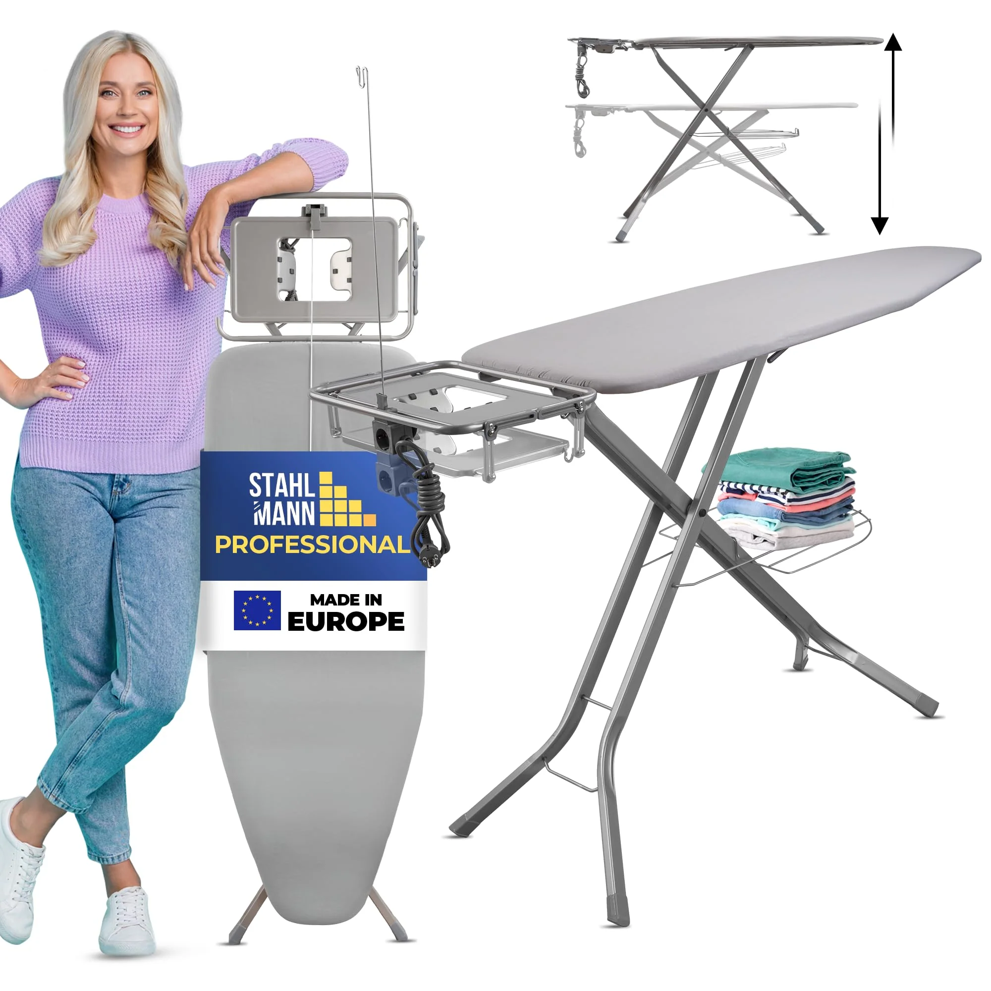 STAHLMANN ® XXL-Bügelbrett für Dampfbügelstation [130x48 Bügelfläche]– Bügeltisch [Made IN EU] – extra stabiles Bügelbrett – Bügelbrettbezug [100% Baumwolle] - Image 5