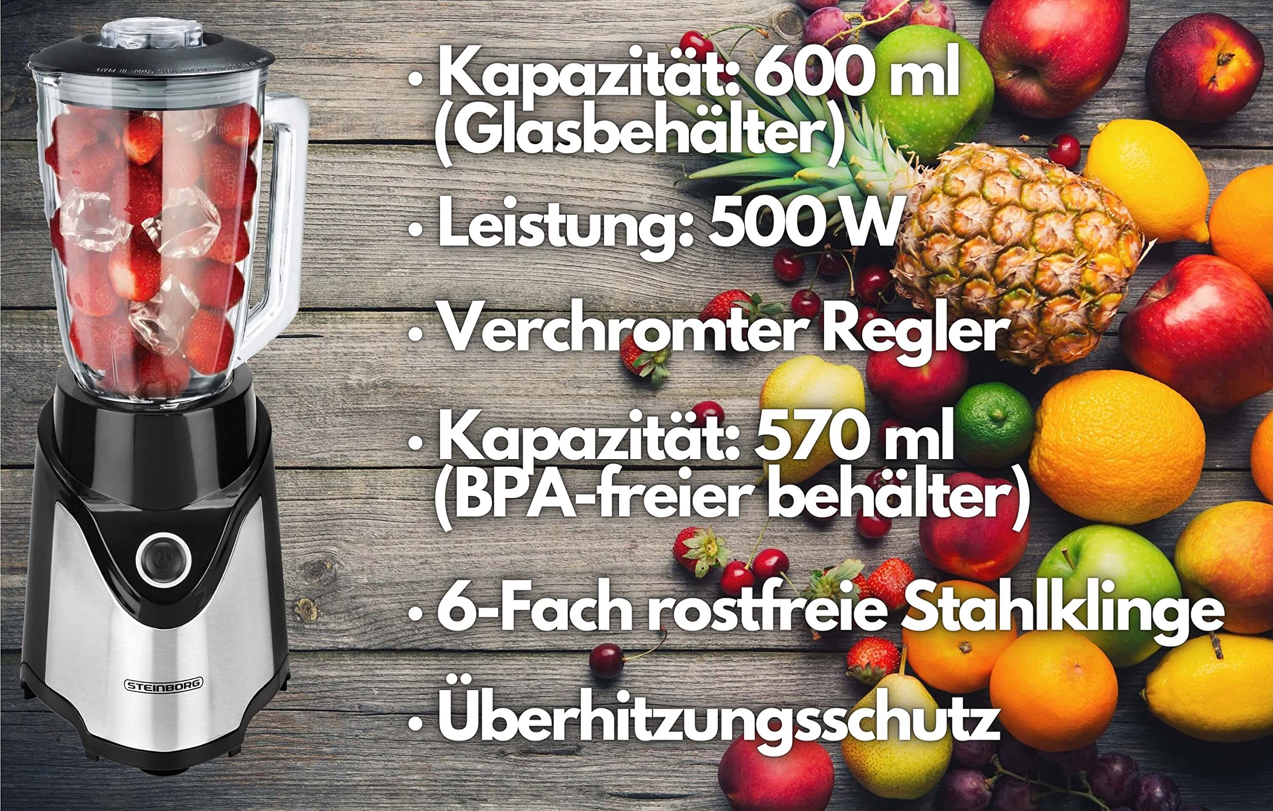 Standmixer | 6-Fach Metallmesser | 570 ml | 600ml To-Go Becher | Pulsfunktion | 500 Watt | Glas Edelstahl | Universal Power Mixer | Ice Crusher | Eiweiß Shaker | Zerkleinerer | Smoothie Maker - Image 3