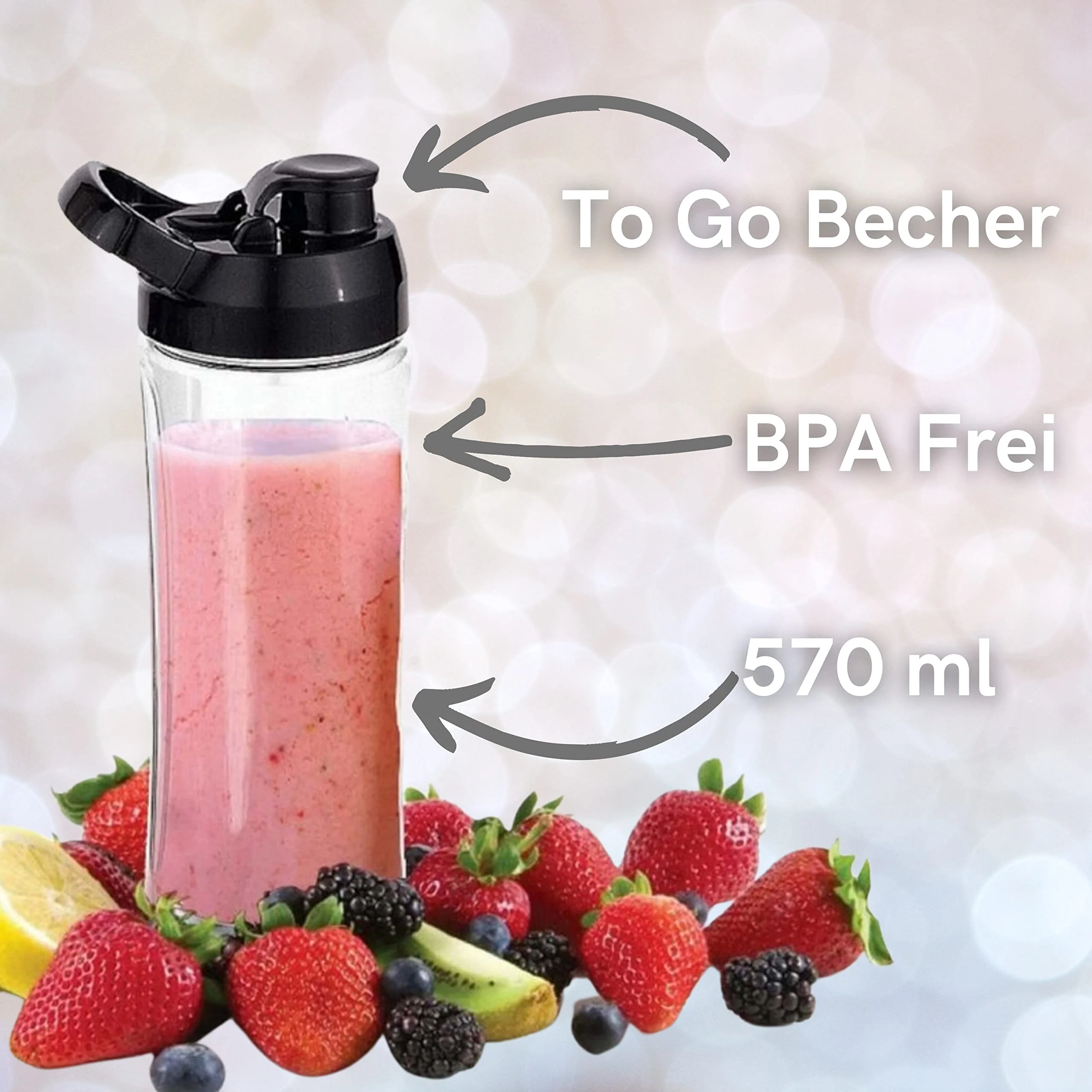Standmixer | 6-Fach Metallmesser | 570 ml | 600ml To-Go Becher | Pulsfunktion | 500 Watt | Glas Edelstahl | Universal Power Mixer | Ice Crusher | Eiweiß Shaker | Zerkleinerer | Smoothie Maker - Image 7