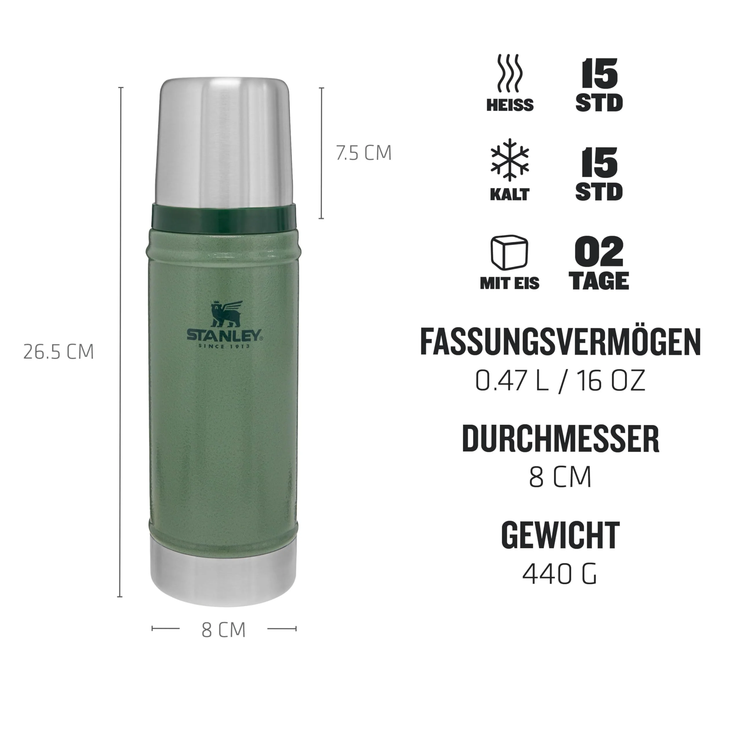 Stanley Classic Legendary Thermosflasche 473 ml - Thermos Hält 15 Stunden Heiß oder Kalt - Edelstahl Thermoskanne - BPA-Frei - Spülmaschinenfest - Hammertone Green - Image 8