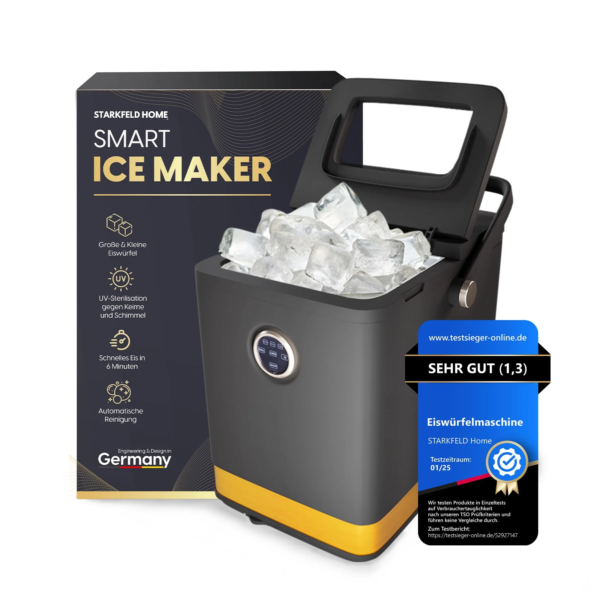 STARKFELD ICE MAKER - Luxus Eiswürfelmaschine | 20 KG Eis in 24 Stunden | Selbstreinigend & Keimfrei | 1,5L Wassertank | Eis in 6 Minuten | 2 Größen Eis | Kompakt & Leise | Cocktail Maschine (Schwarz) - Image 4