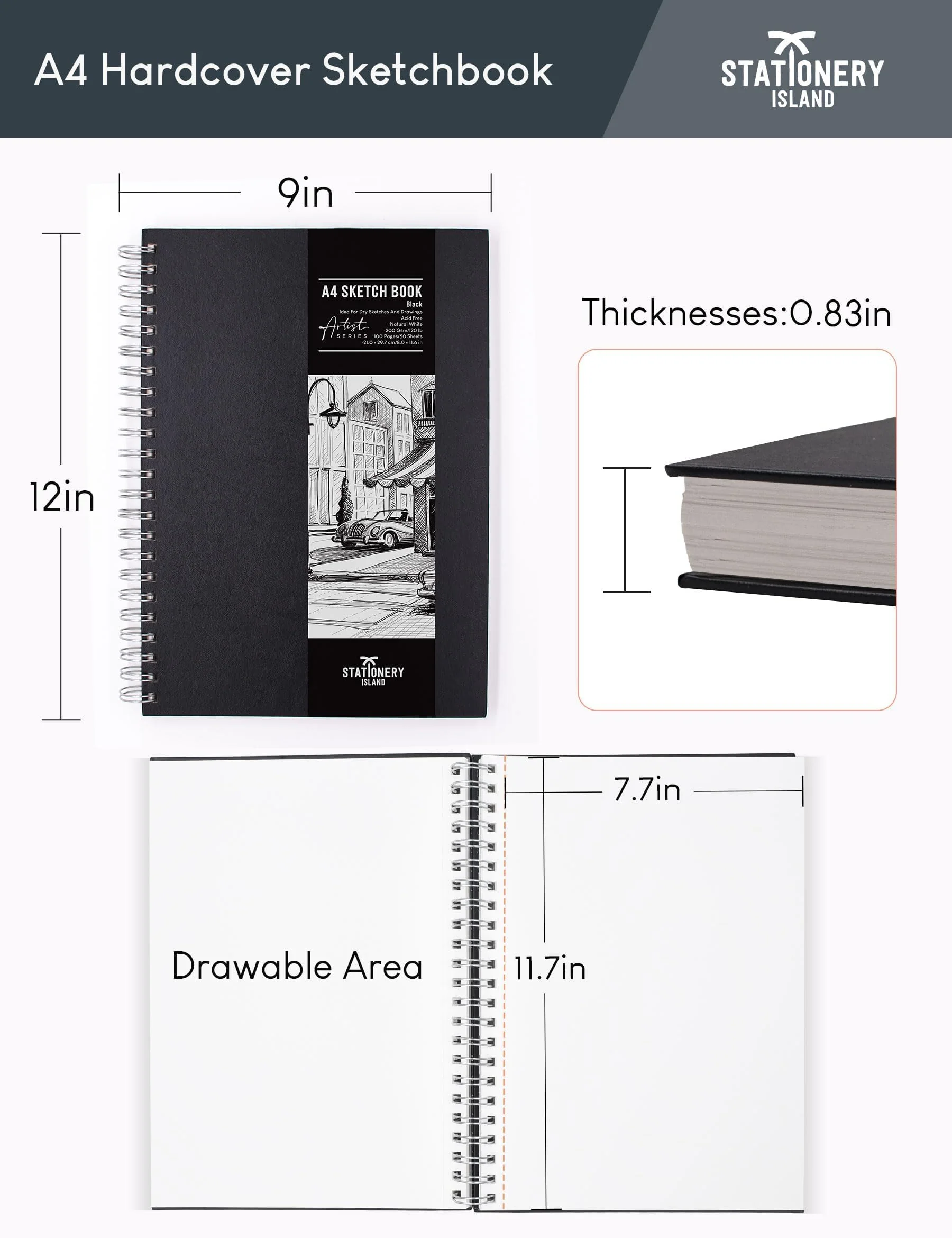 STATIONERY ISLAND A4 Skizzenbuch, 200 g/m² Dickes Papier, Spiralgebundener Zeichenbuch A4 Hardcover, Skizzenblock zum Skizzieren, Illustration, Porträt, 50 Blatt/100 Seiten - Image 5